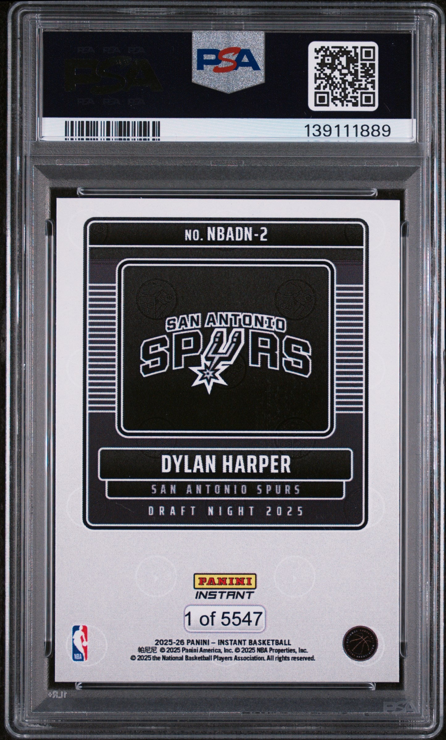 2025 Panini Instant Draft Night Dylan Harper #NBADN2 /5547 PSA 10
