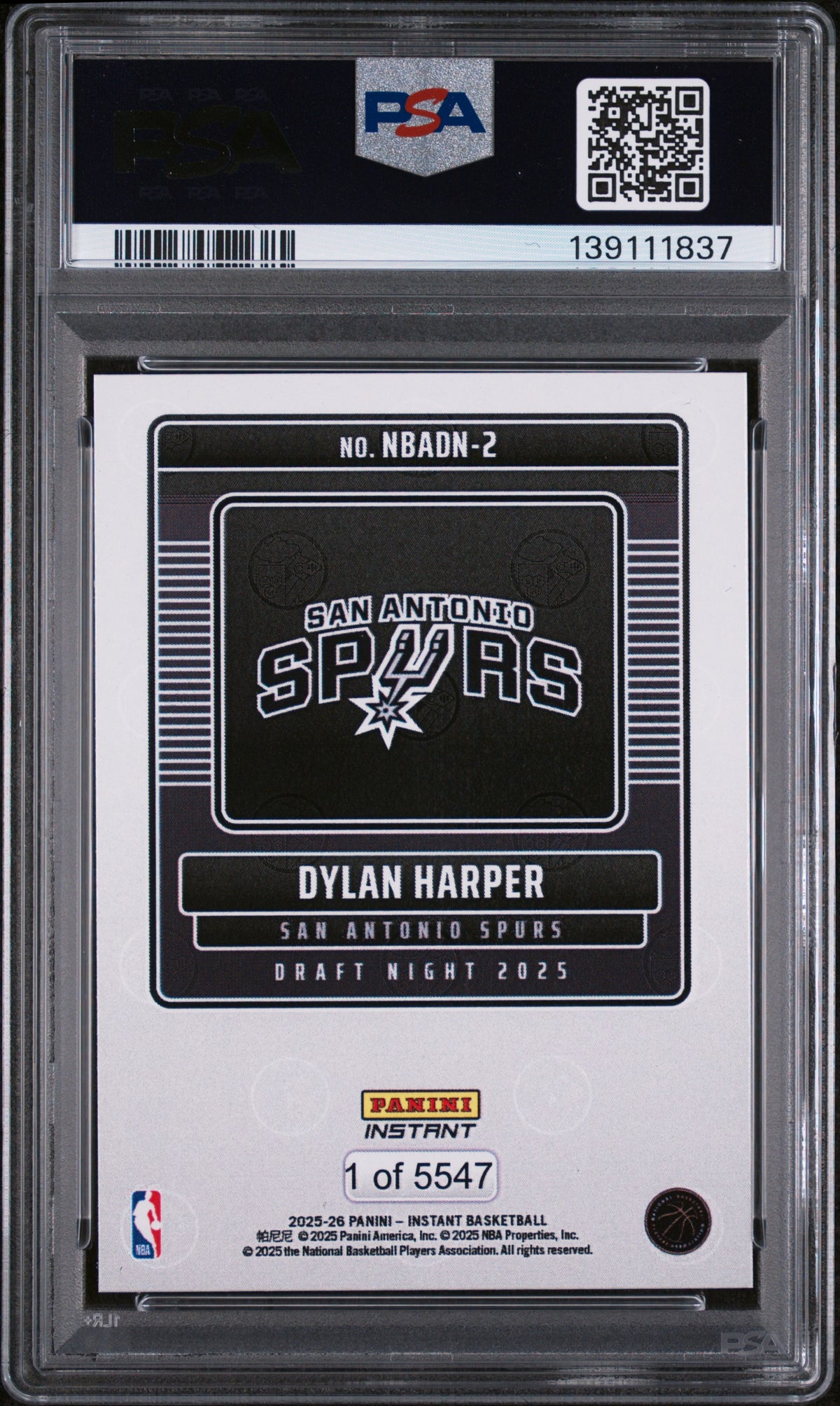 2025 Panini Instant Draft Night Dylan Harper #NBADN2 /5547 /1 PSA 10