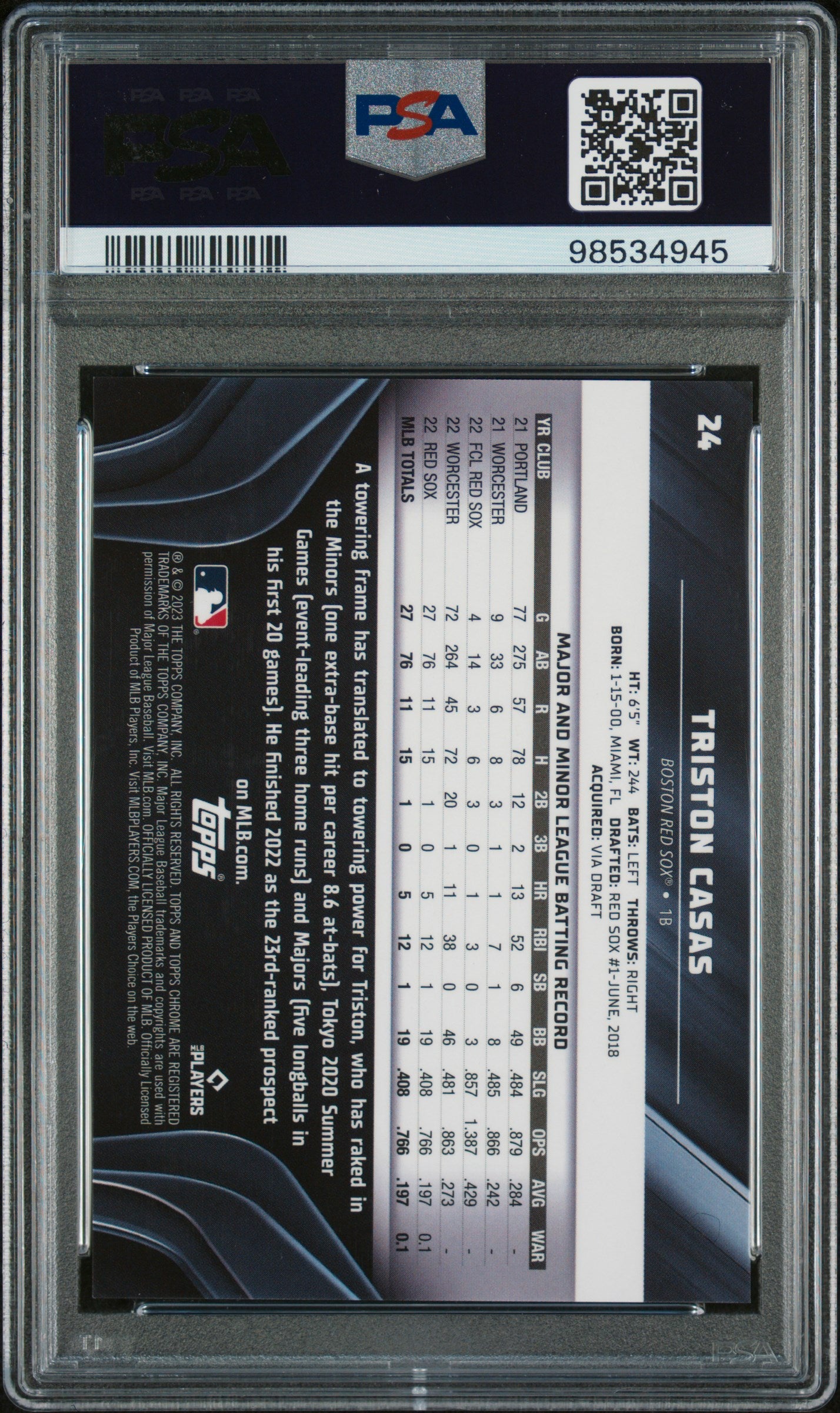 2023 Topps Chrome Black Gold Mini Diamond Refractors Triston Casas #24 /50 PSA 10