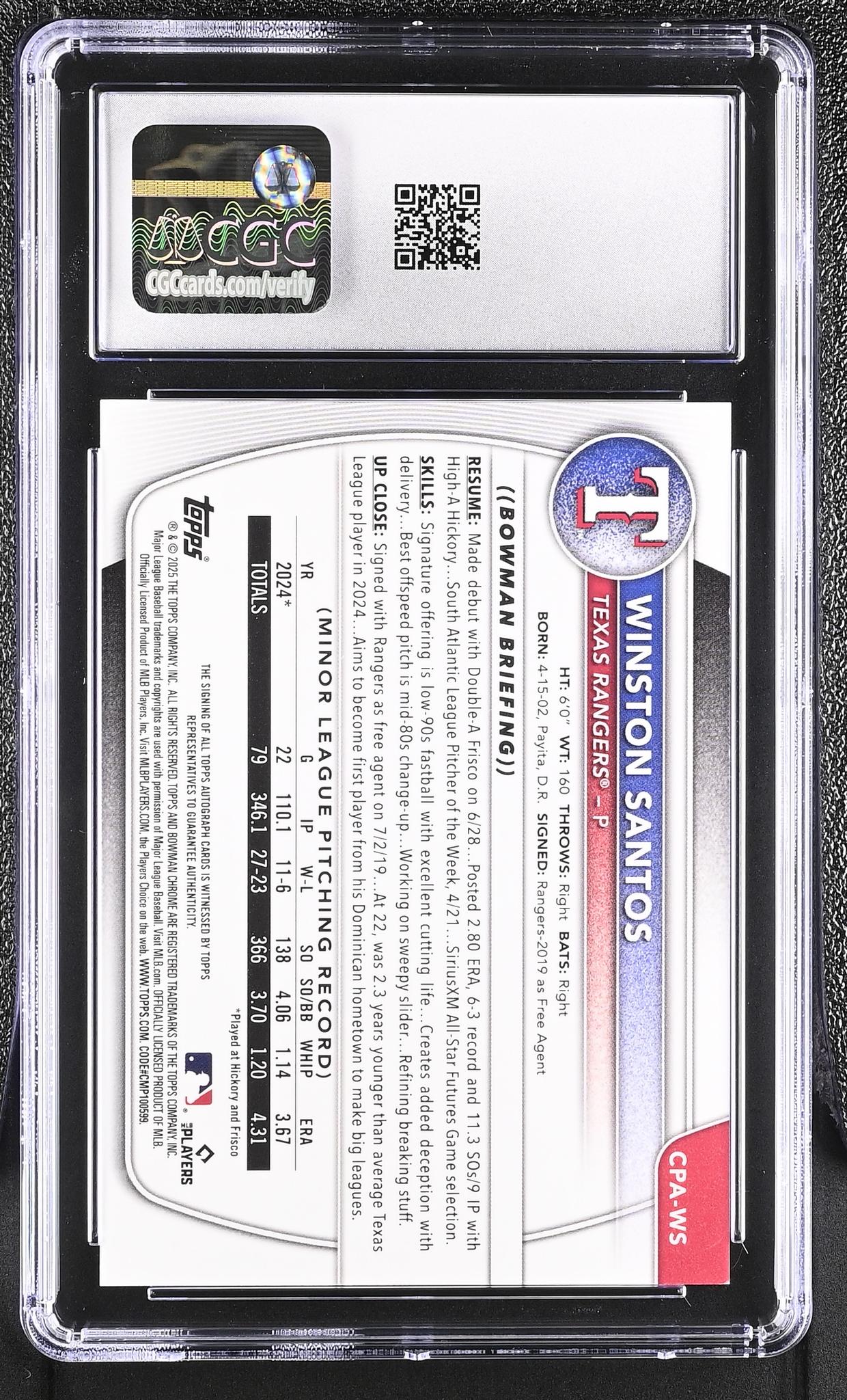 2025 Bowman #CPA-WS Winston Santos Chrome Prospects Autographs /150 Auto CGC 9.5