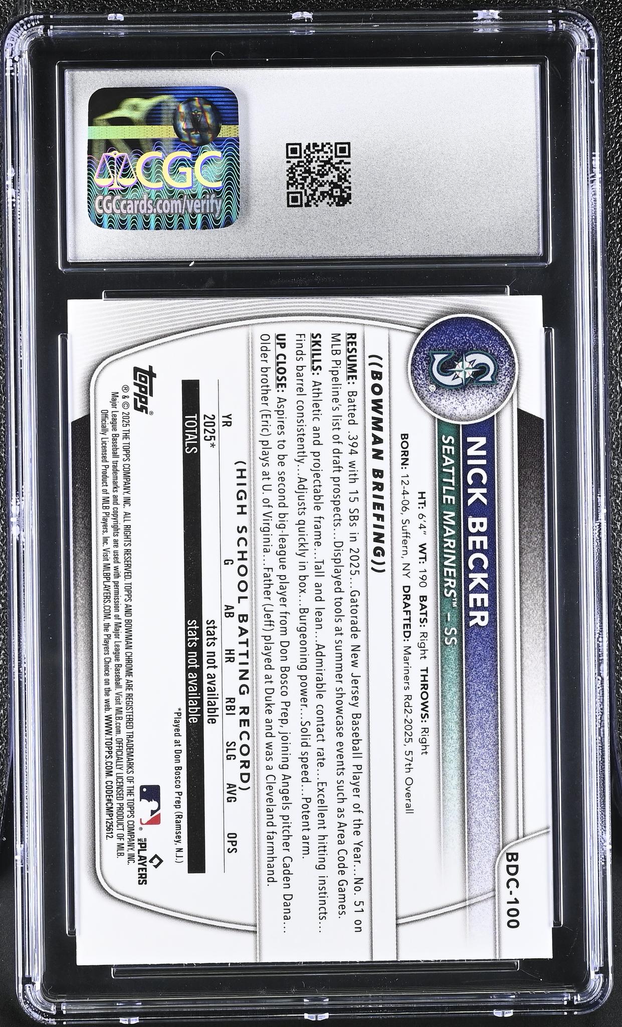 2025 Bowman #BDC-100 Nick Becker Green Geometric Refractor /99 CGC 9