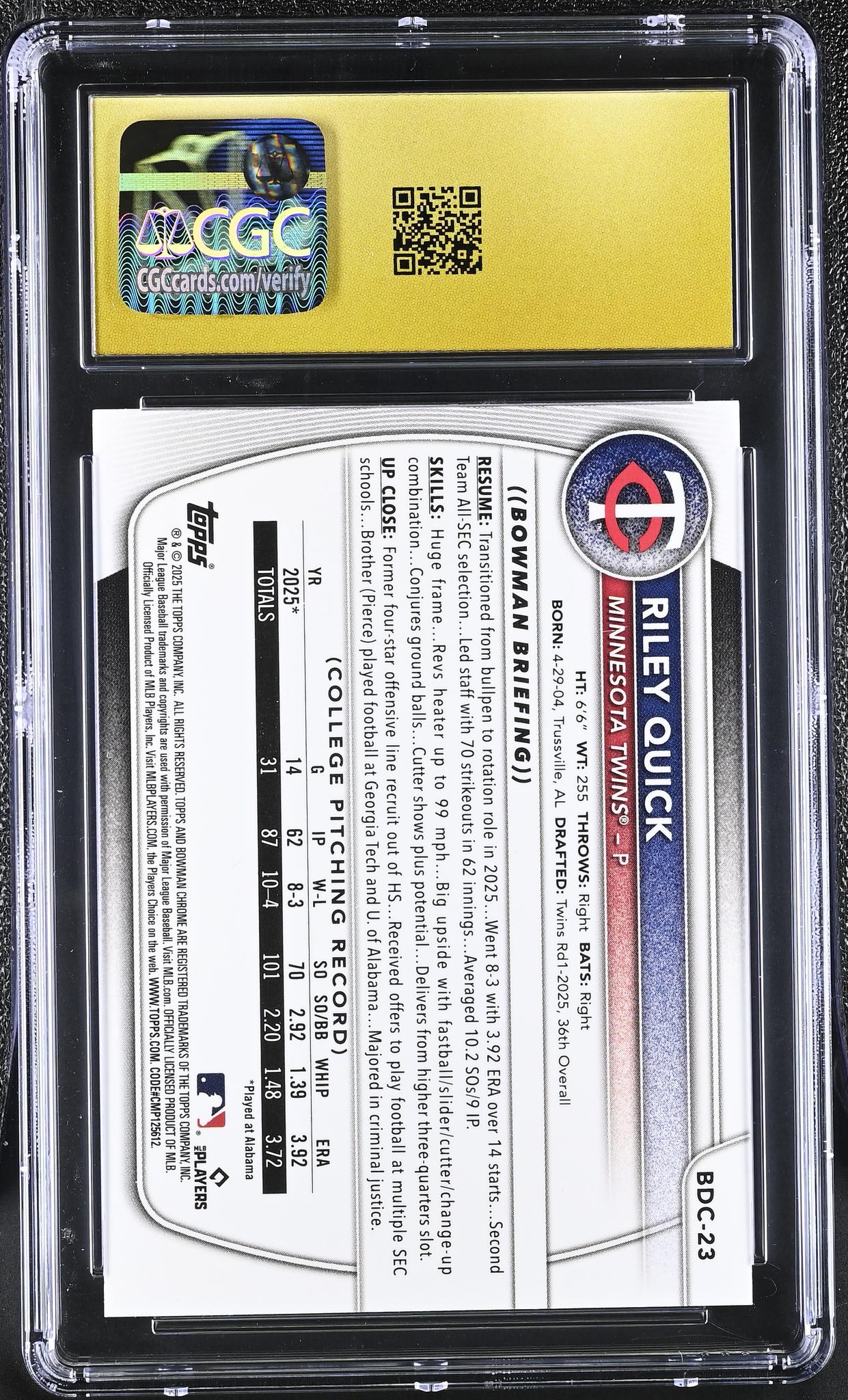 2025 Bowman Chrome #BDC-23 Riley Quick Green Refractor /99 CGC 10
