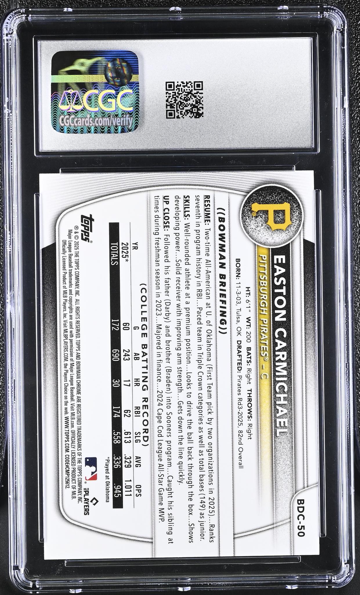 2025 Bowman #BDC-50 Easton Carmichael Blue Refractor /150 CGC 10