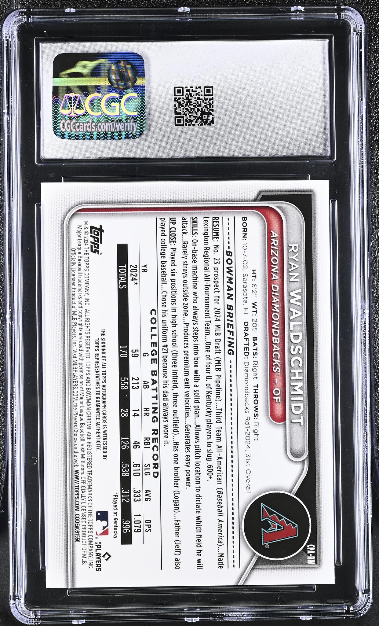 2024 Bowman #CPA-RW Ryan Waldschmidt Chrome Prospect Autographs Auto CGC 10