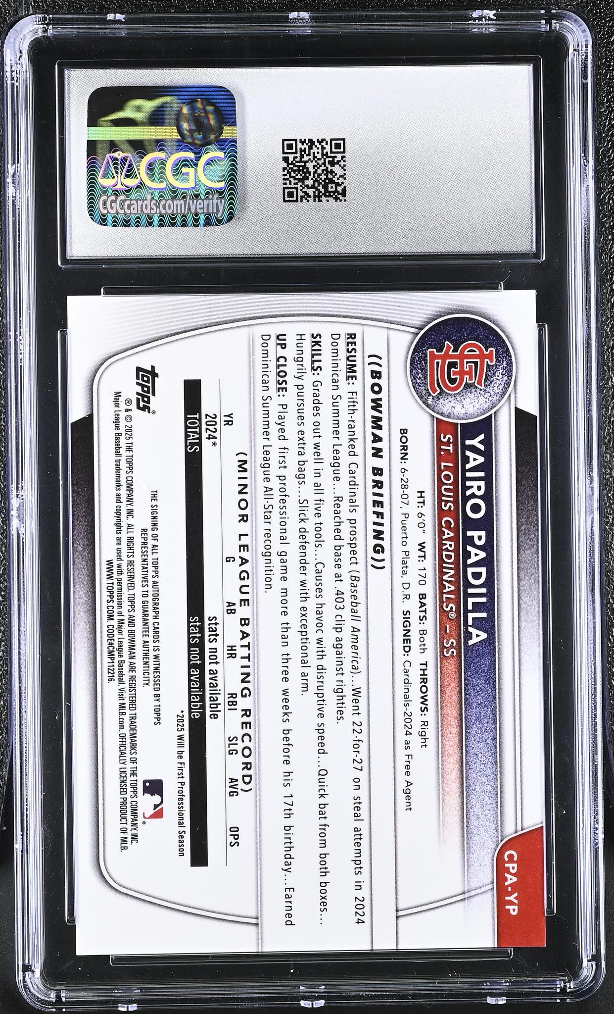 2025 Bowman Chrome #CPA-YP Yairo Padilla Prospect Autographs Auto CGC 9.5