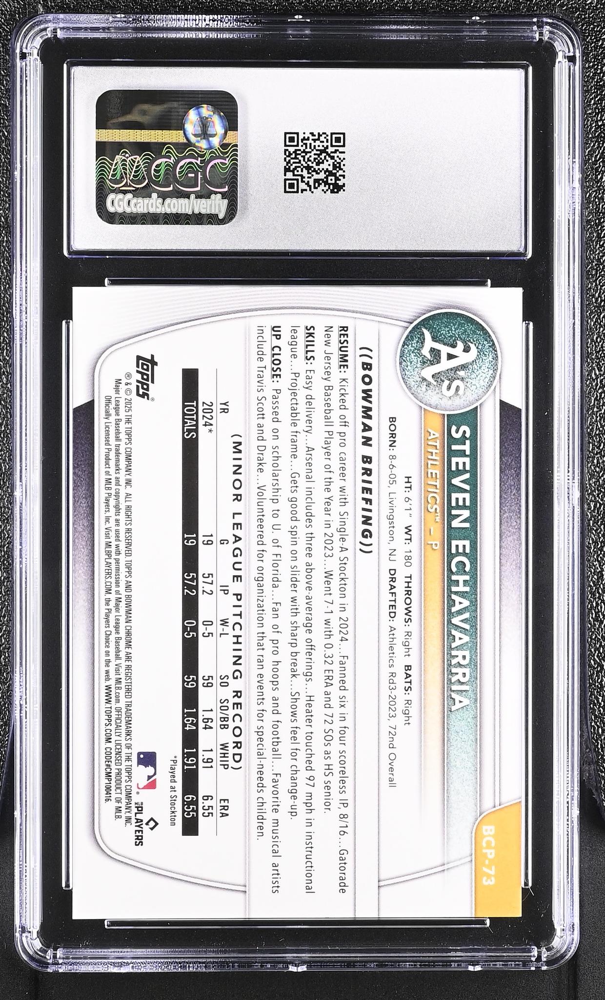 2025 Bowman #BCP-73 Steven Echavarria Chrome Prospects /25 CGC 10
