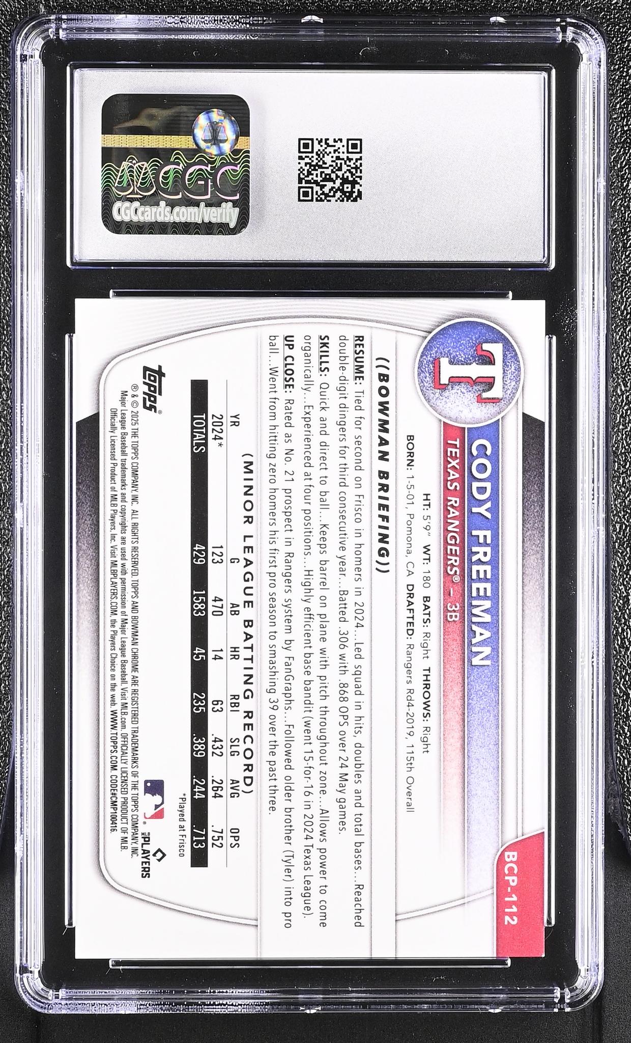 2025 Bowman #BCP-112 Cody Freeman Chrome Prospects /150 CGC 9