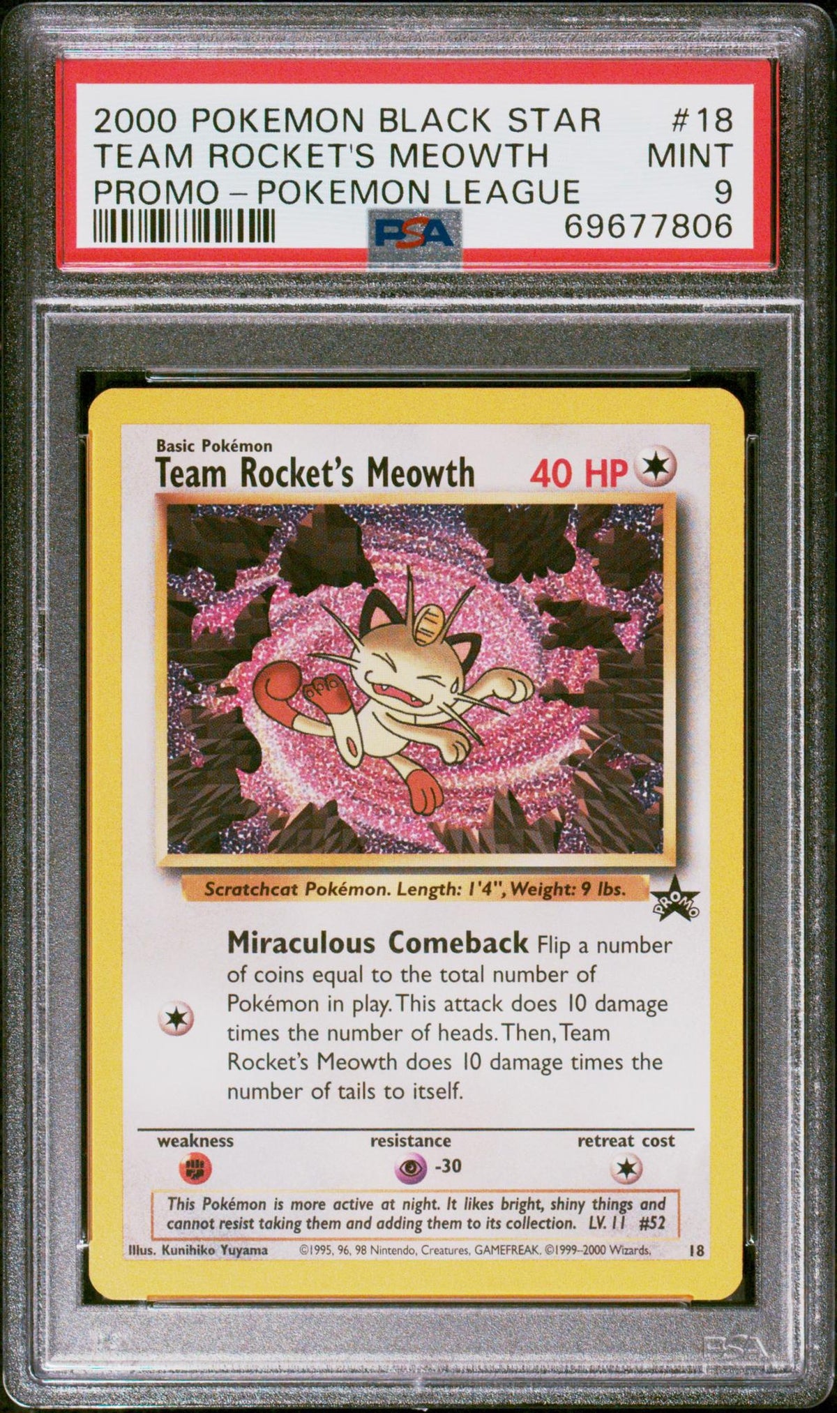 2000 Pokemon Wizards of the Coast Black Star Promo Pokemon League Team Rocket's Meowth #18 PSA 9