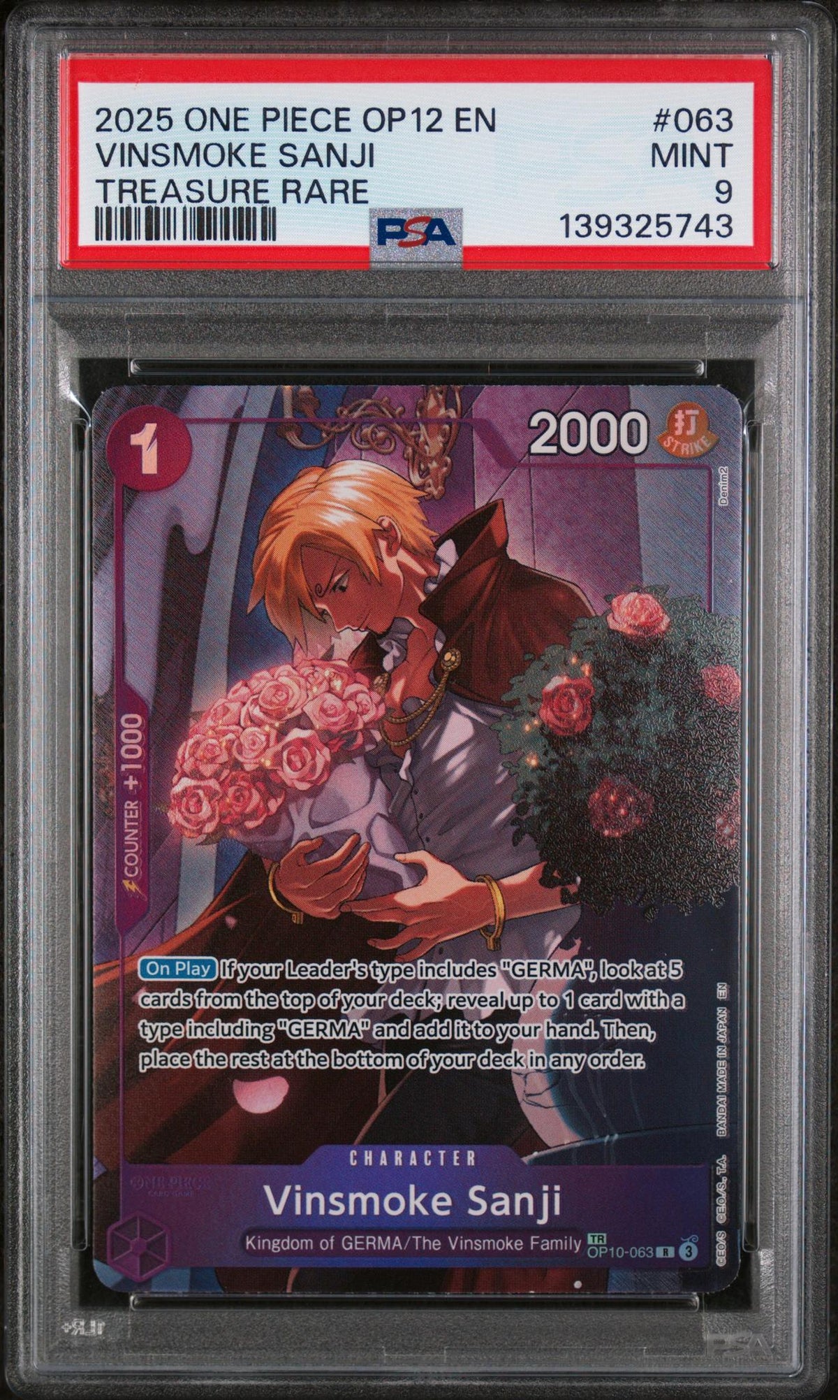 One Piece Card Game Vinsmoke Sanji #063 Treasure Rare PSA 9