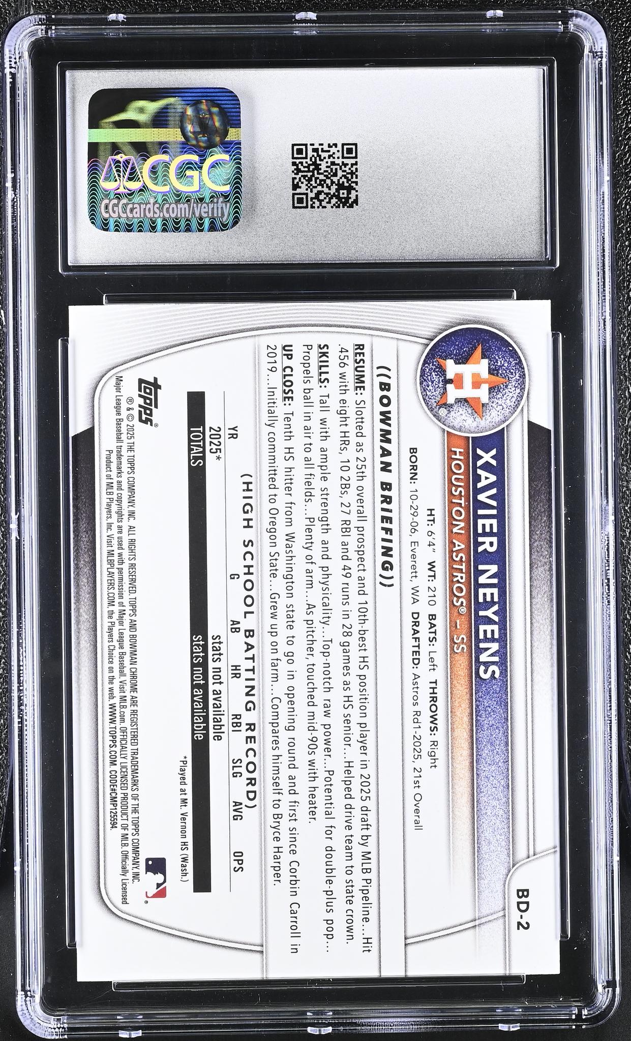 2025 Bowman #BD-2 Xavier Neyens Prospects /50 CGC 10