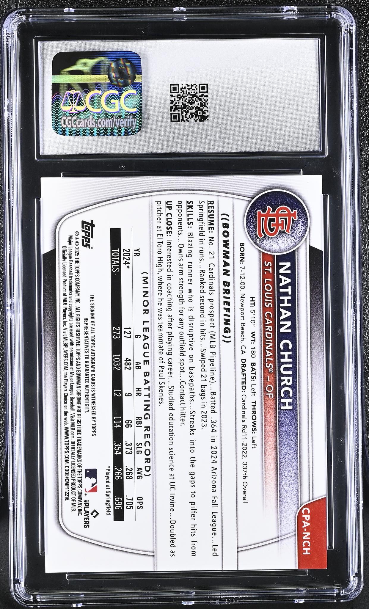 2025 Bowman Chrome #CPA-NCH Nathan Church Prospect Autographs /150 Auto CGC 10