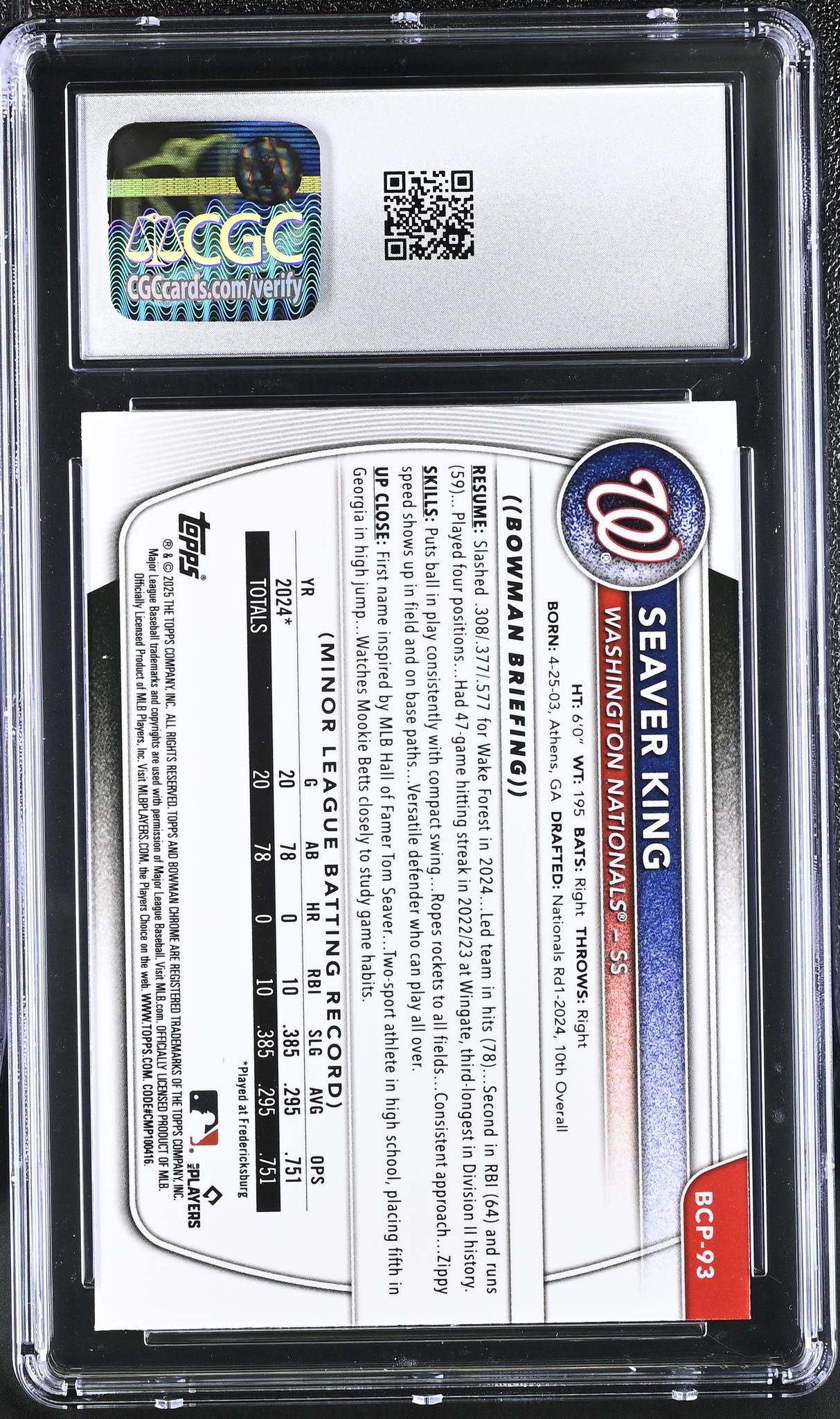 2025 Bowman #BCP-93 Seaver King Chrome Prospects /99 CGC 10