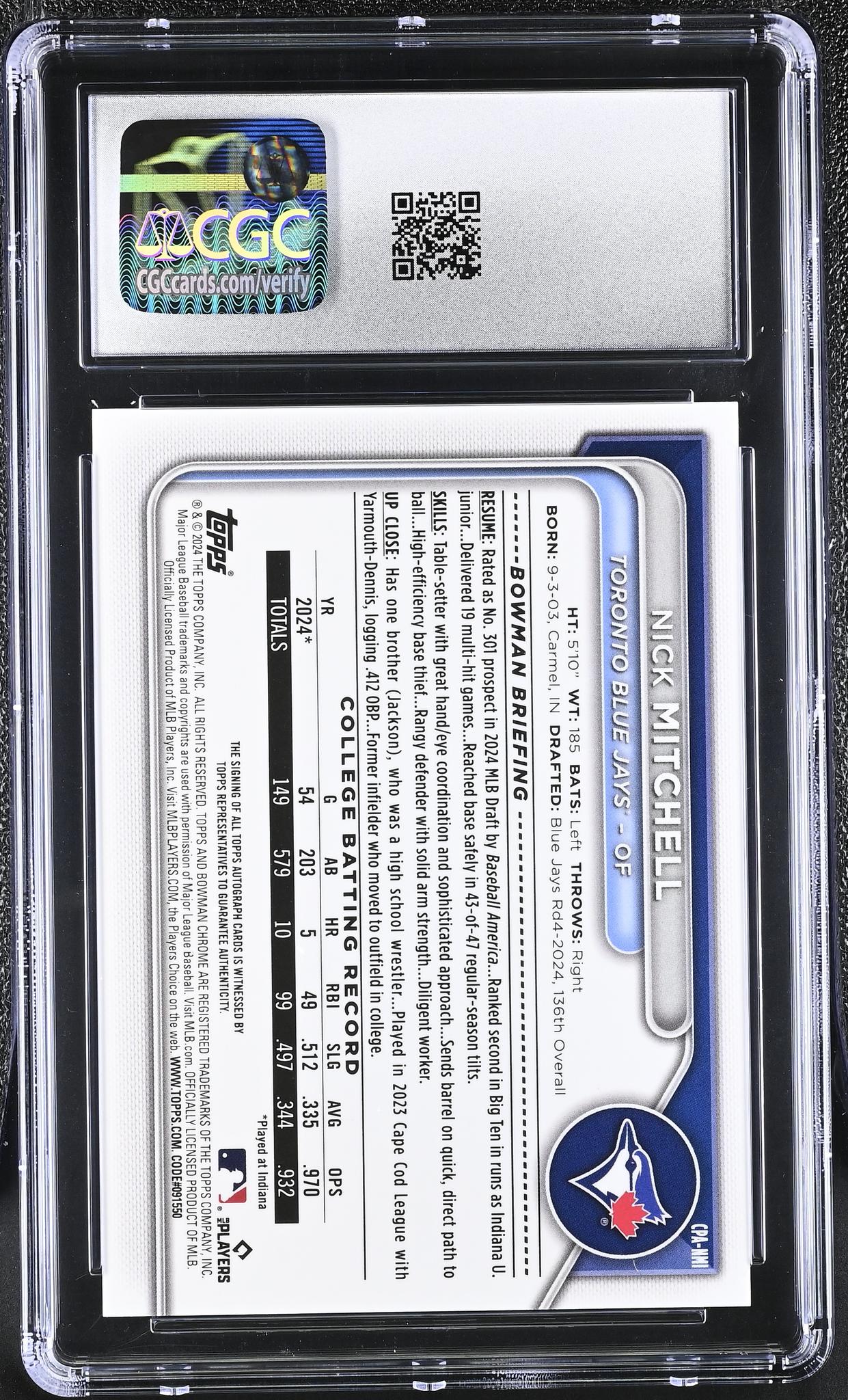 2024 Bowman #CPA-NMI Nick Mitchell Chrome Prospect Autographs /150 Auto CGC 10