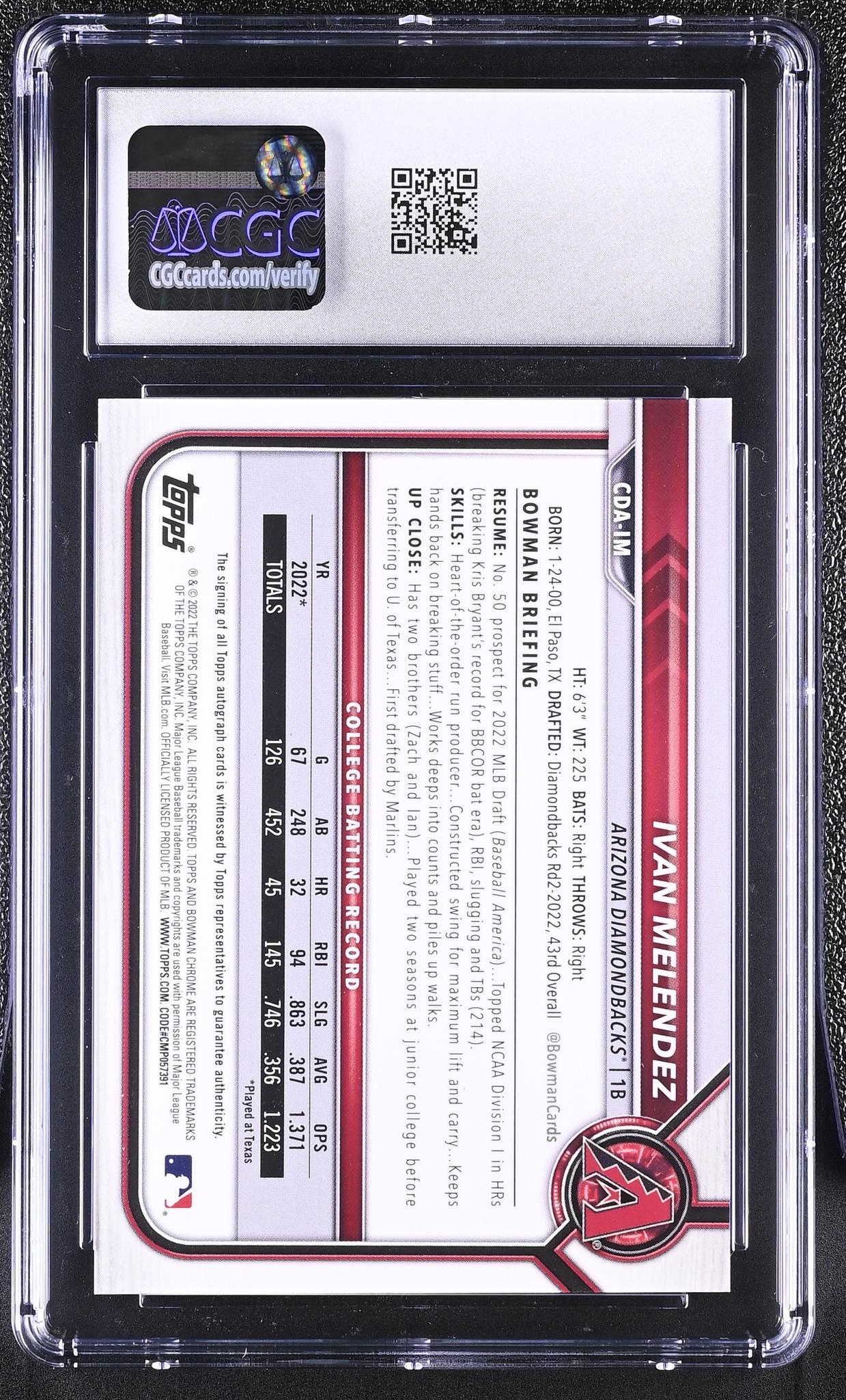 2022 Bowman Chrome # Ivan Melendez Chrome Prospect Autographs /250 Auto CGC 9