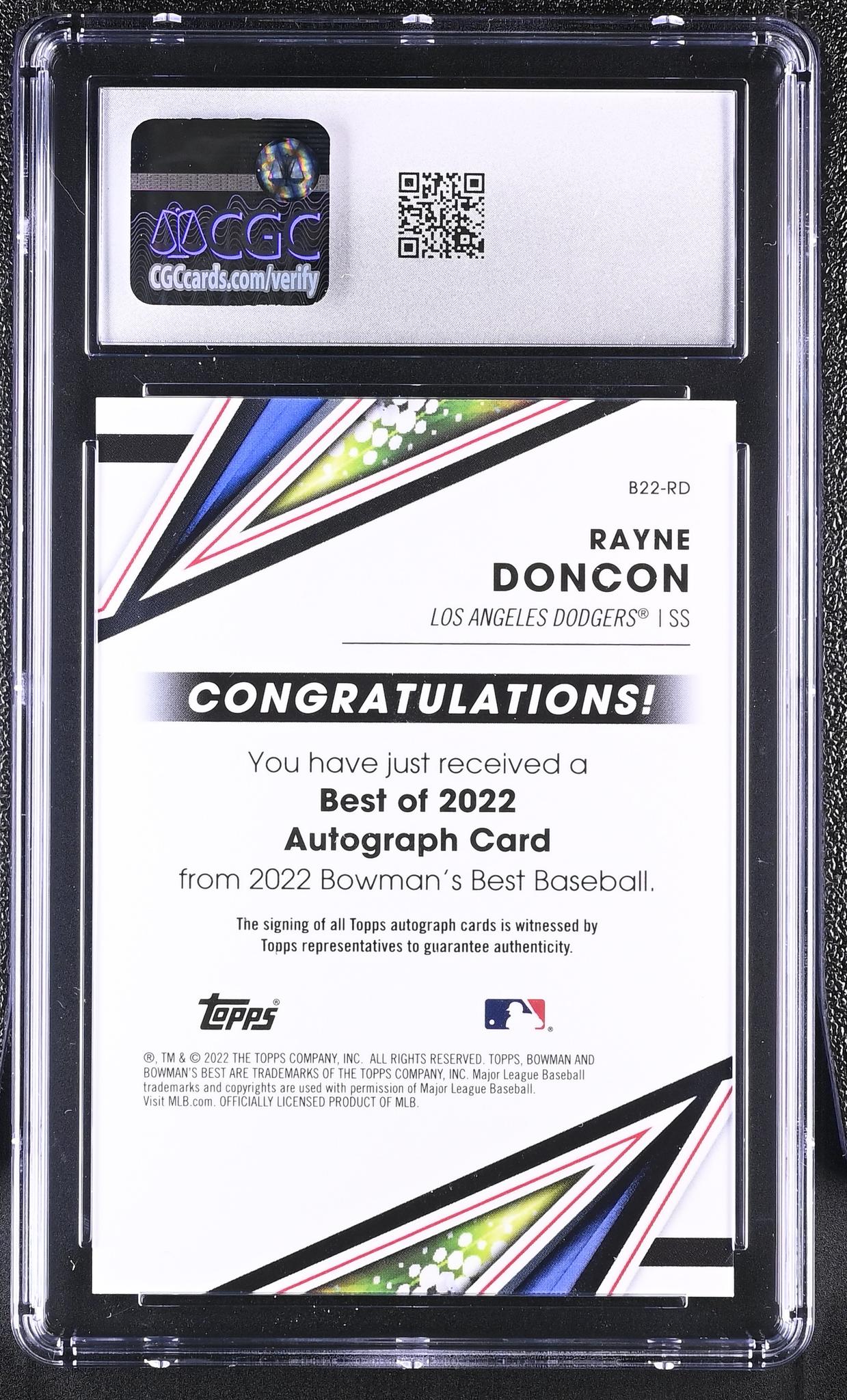 2022 Bowman's Best #B22-RD Rayne Doncon Best of '22 Autographs /50 Auto CGC 9