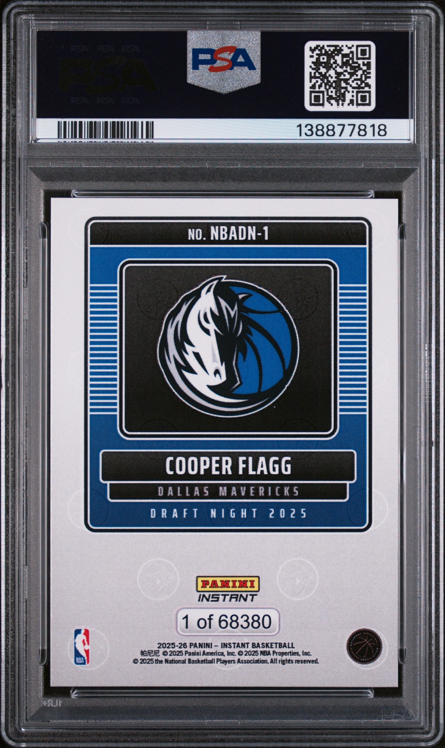 2025 Panini Instant NBA Draft Night Cooper Flagg #NBADN1 /68380 /1 PSA 10