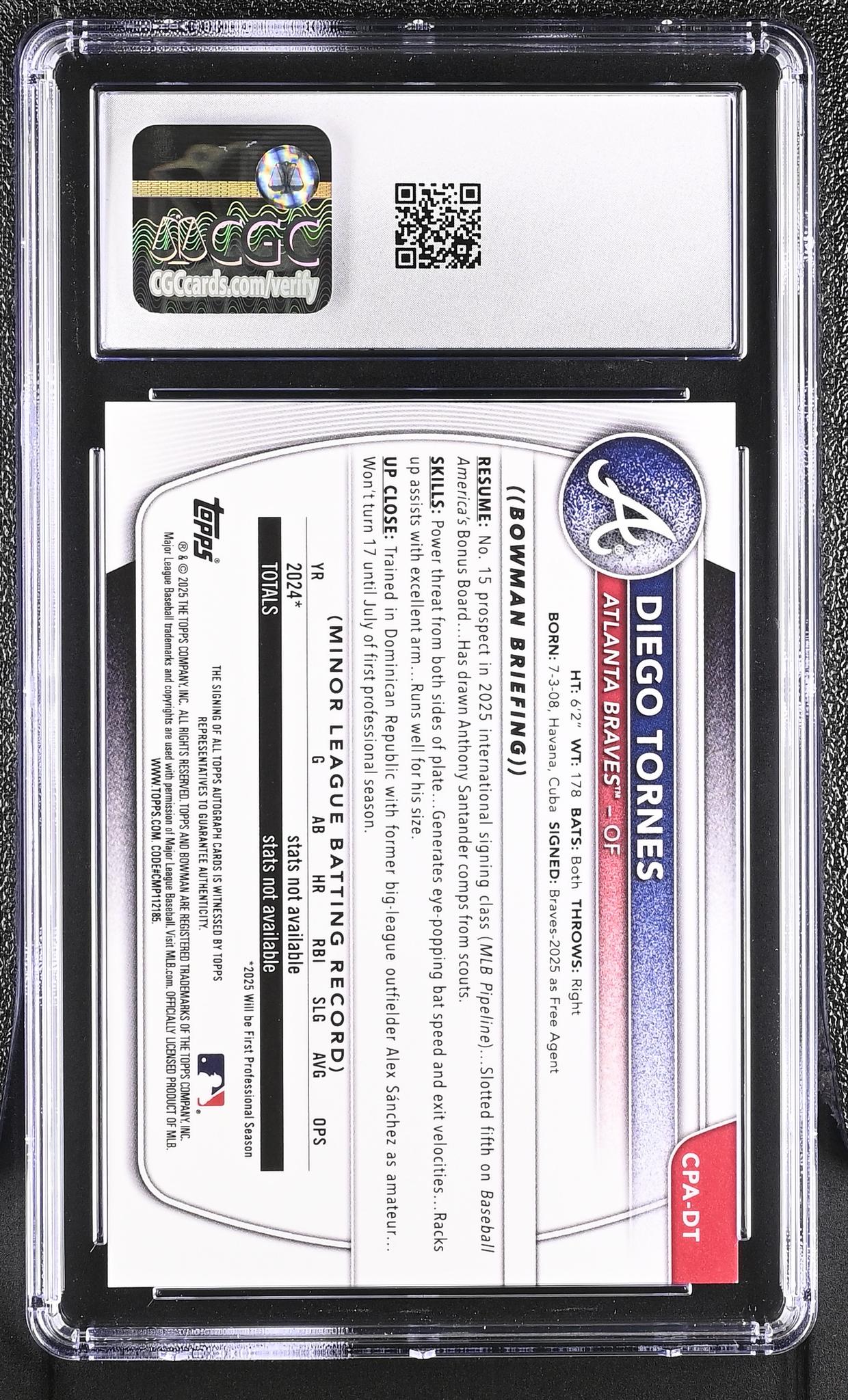 2025 Bowman Chrome #CPA-DT Diego Tornes Prospect Autographs Auto CGC 10