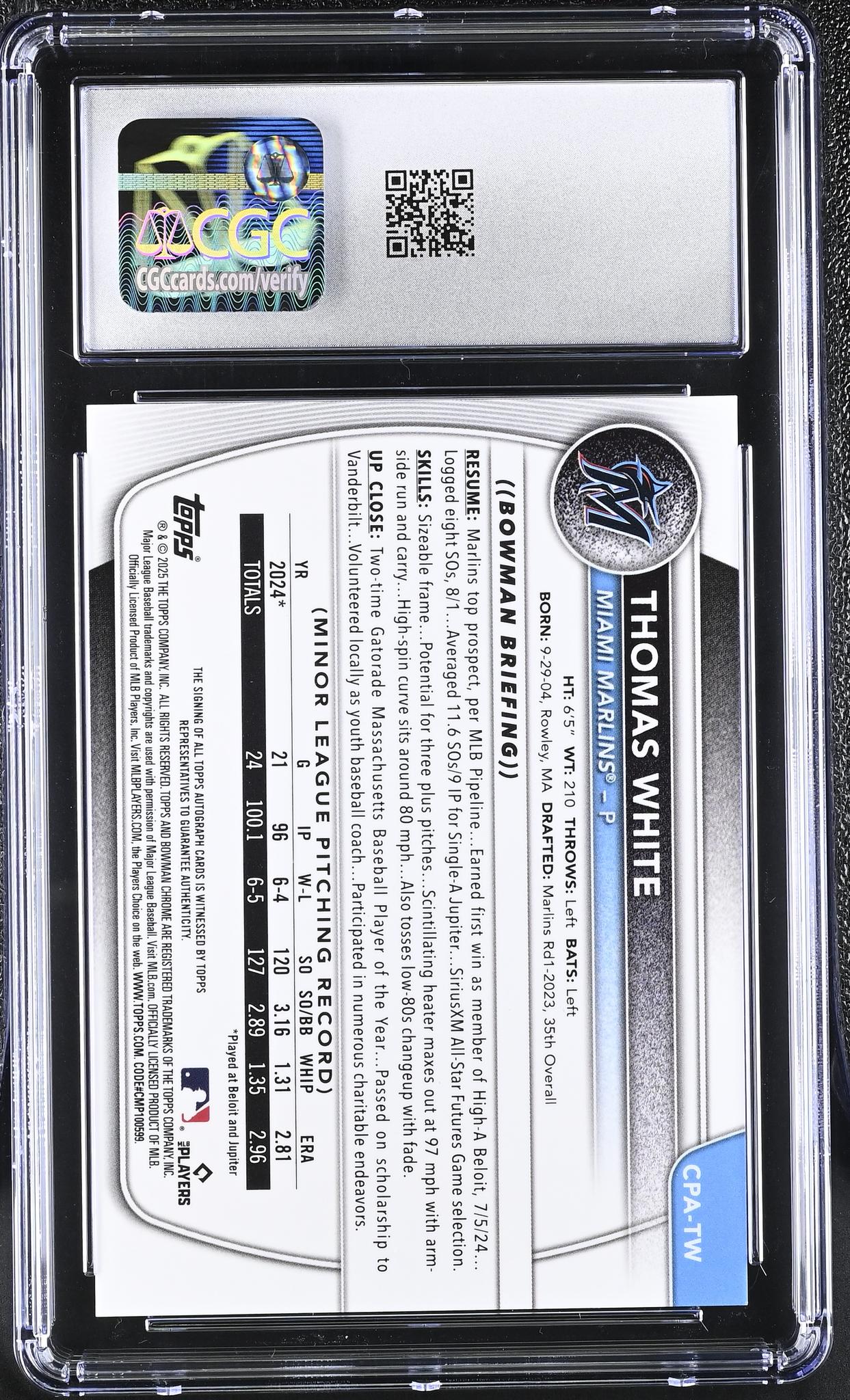 2025 Bowman #CPA-TW Thomas White Chrome Prospects Autographs Auto CGC 8.5