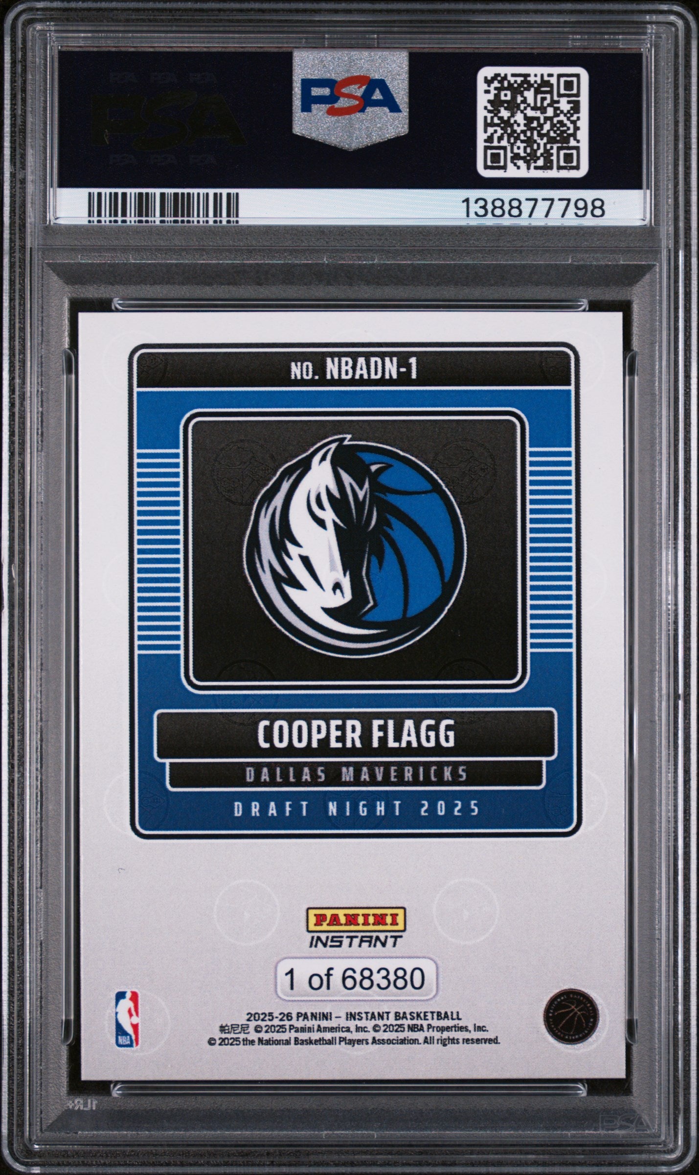 2025 Panini Instant NBA Draft Night Cooper Flagg #NBADN1 /68380 /1 PSA 10