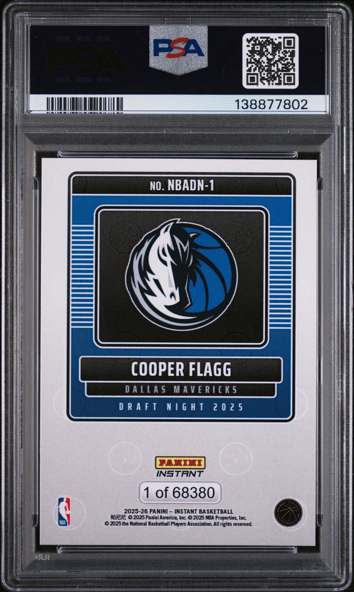 2025 Panini Instant NBA Draft Night Cooper Flagg #NBADN-1 /68380 PSA 10