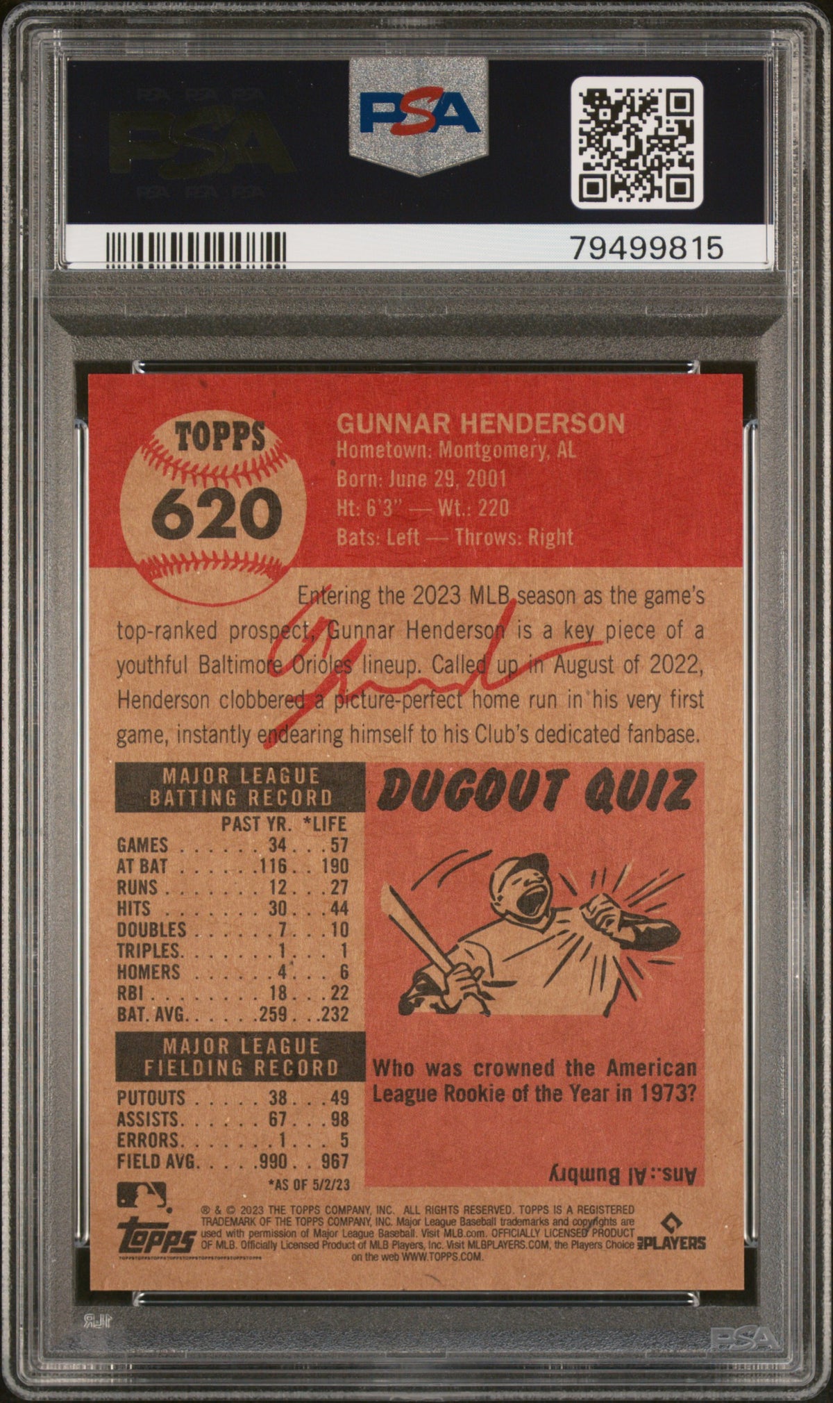 2023 Topps Living Gunnar Henderson #620 /4881 PSA 9