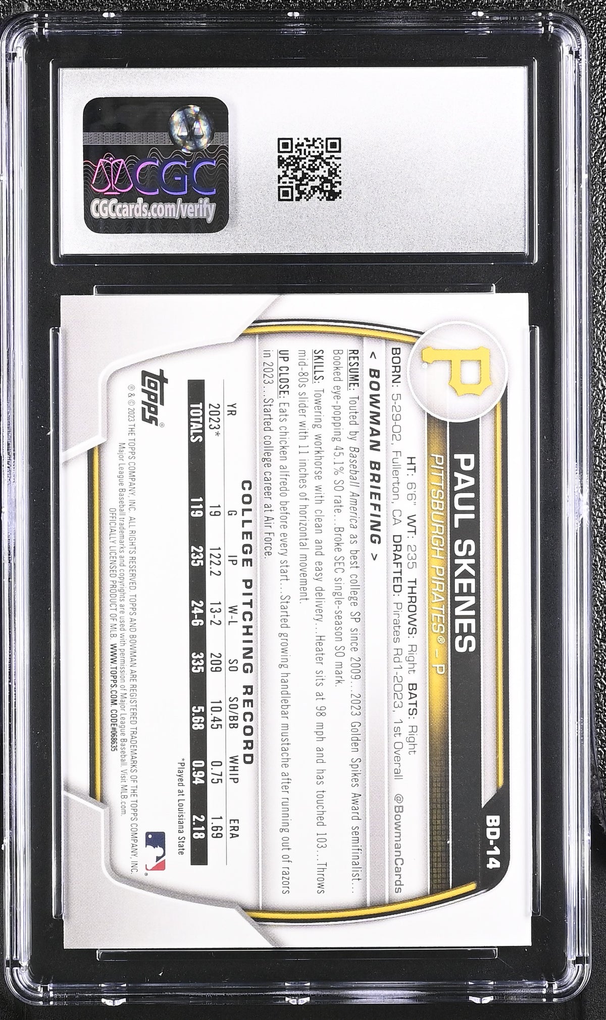 2023 Bowman #BD-14 Paul Skenes Bowman Draft CGC 10
