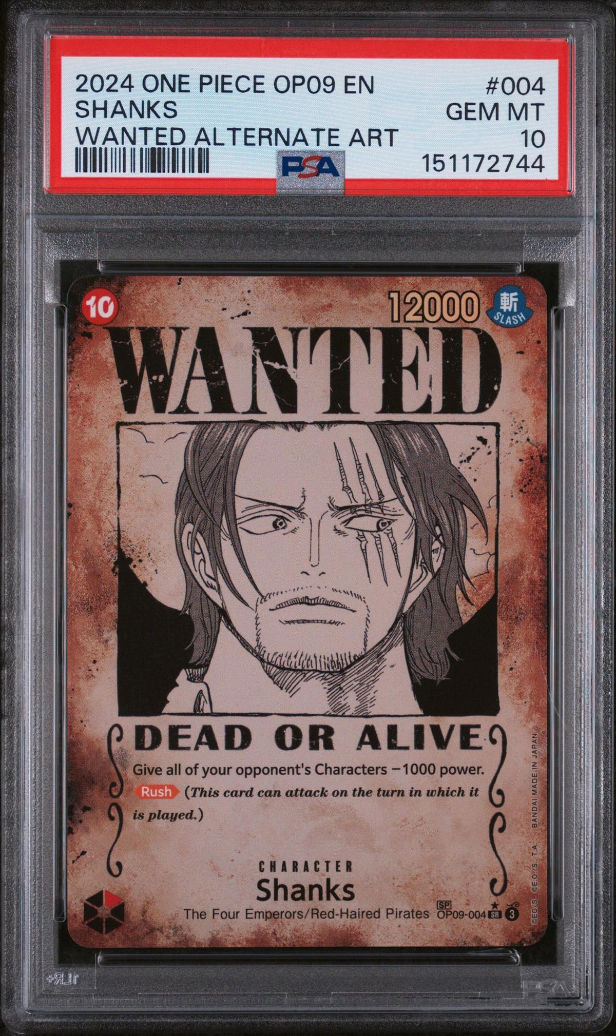 2024 One Piece Shanks #004 Wanted Alternate Art PSA 10