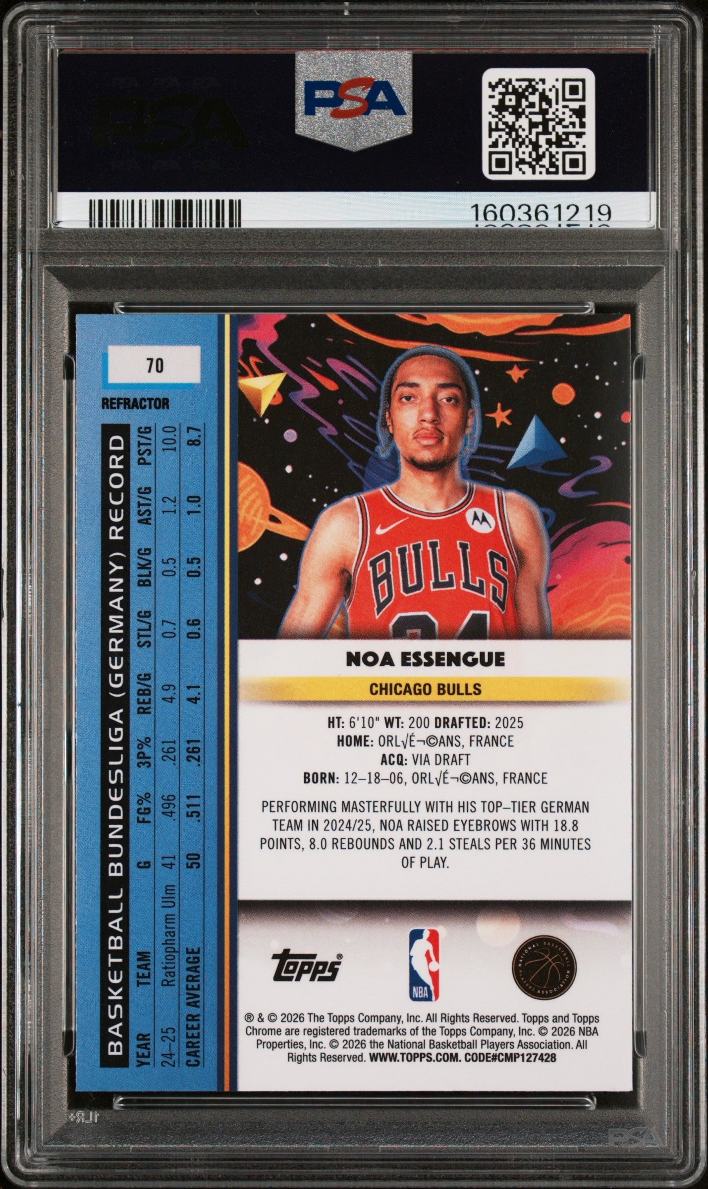 2025 Topps Cosmic Chrome Refractor Noa Essengue #70 PSA 10