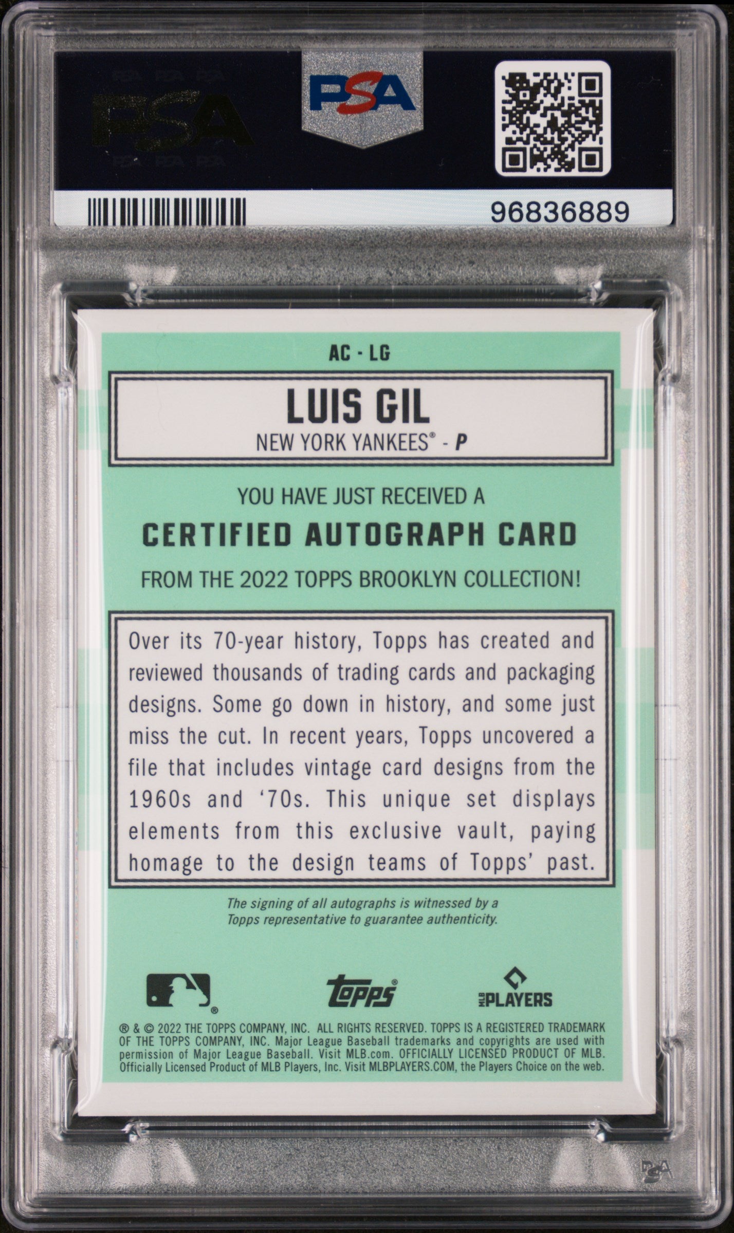 2022 Topps Brooklyn Collection Autograph Orange Luis Gil #LG /20 PSA 8