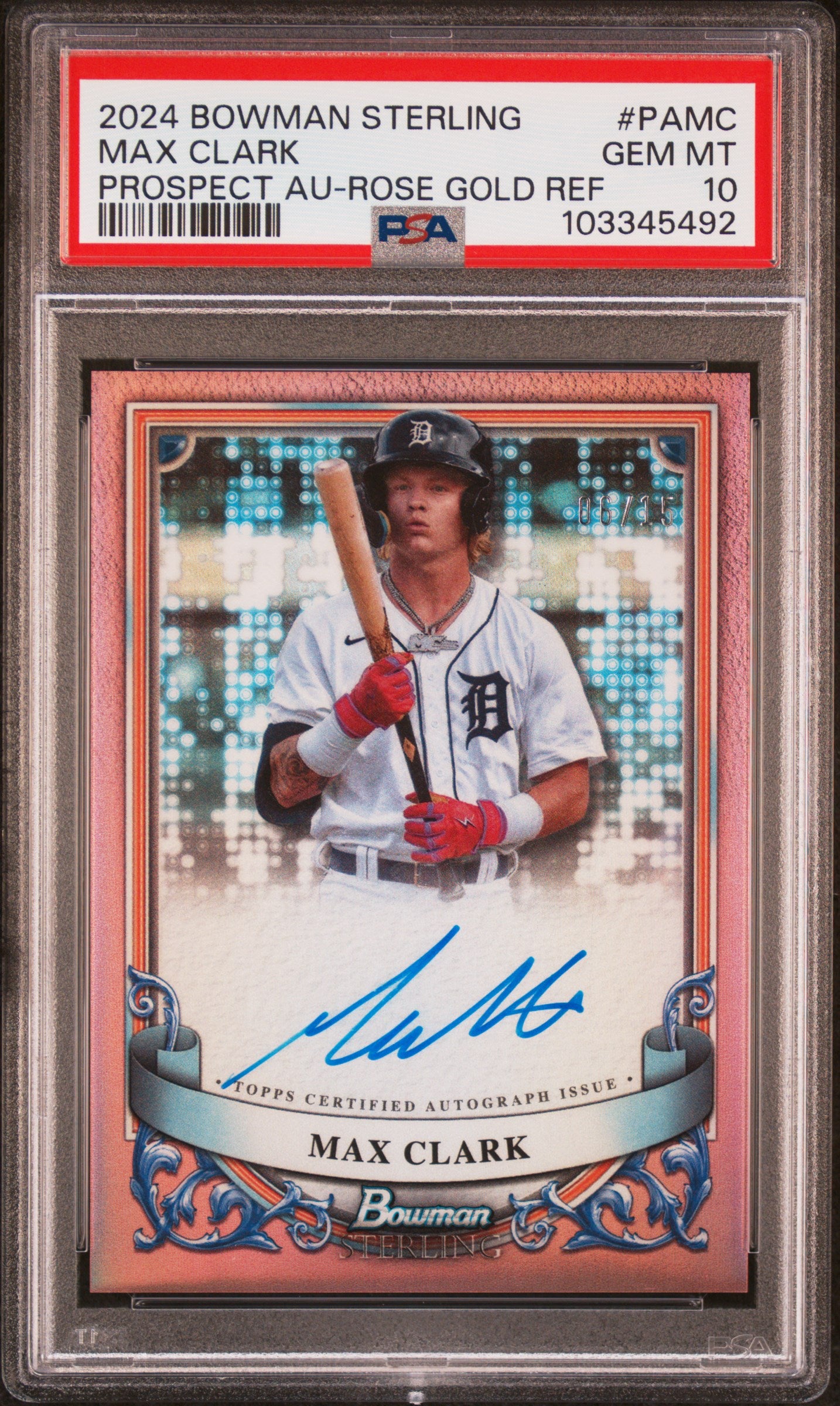 2024 Bowman Sterling Prospect Autographs Rose Gold Refractors Max Clark #PAMC /15 /99 PSA 10