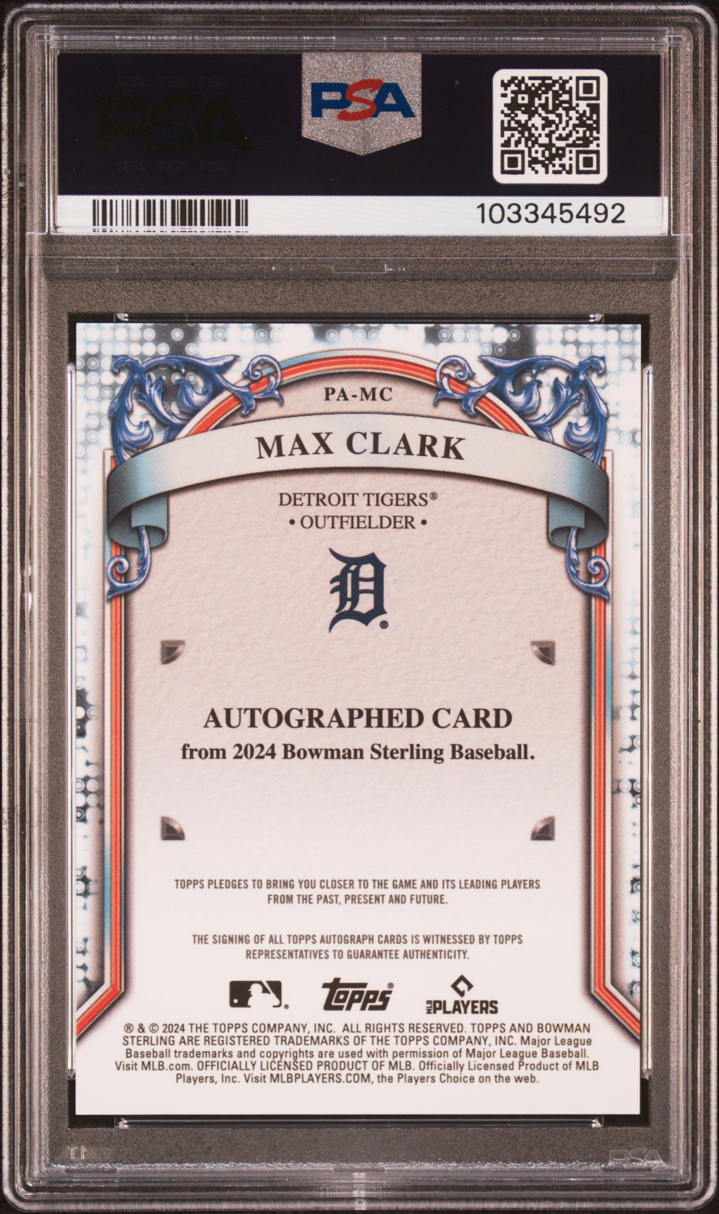 2024 Bowman Sterling Prospect Autographs Rose Gold Refractors Max Clark #PAMC /15 /99 PSA 10