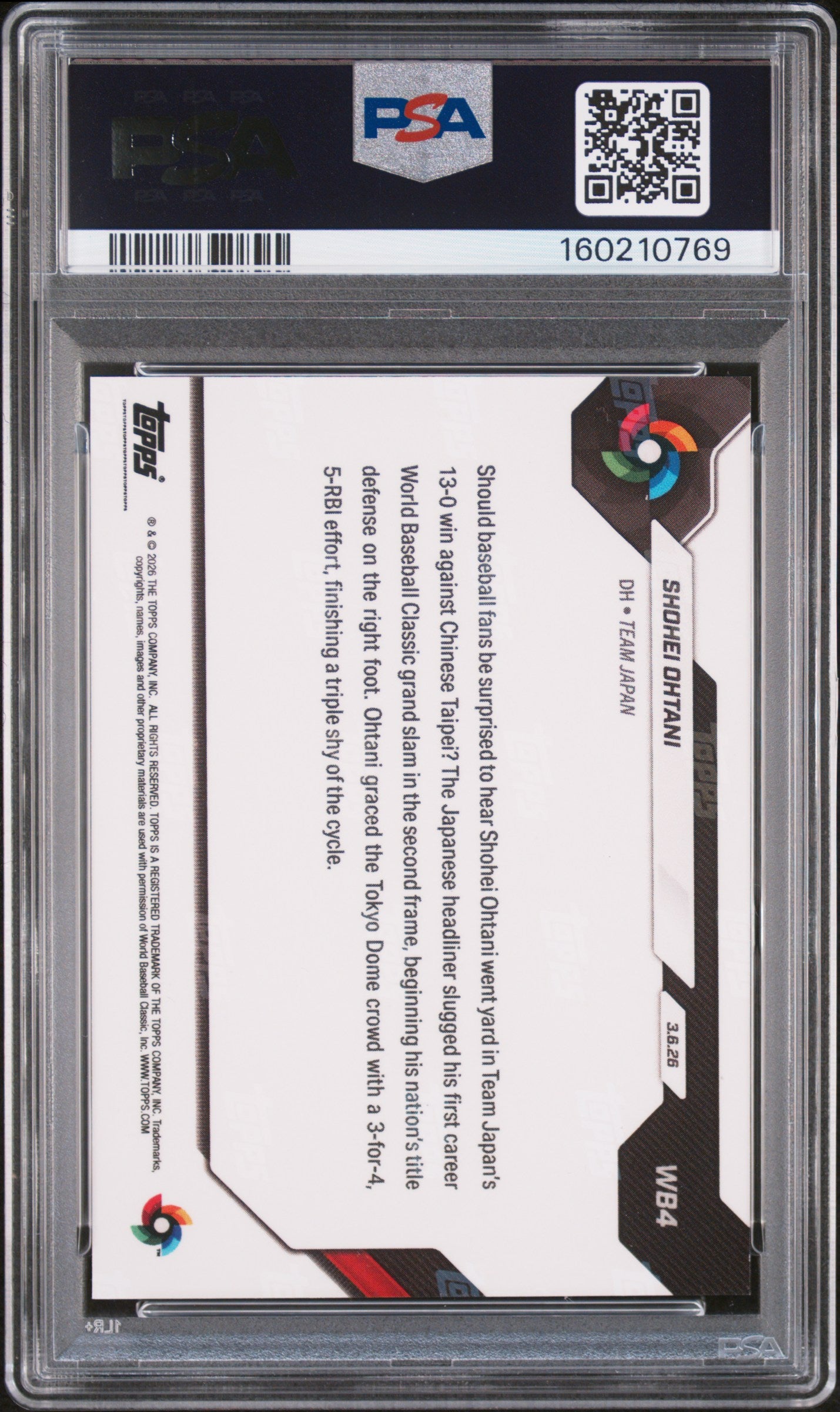 2026 Topps Now World Baseball Classic Orange Foil Shohei Ohtani #WB4 /25 PSA 10