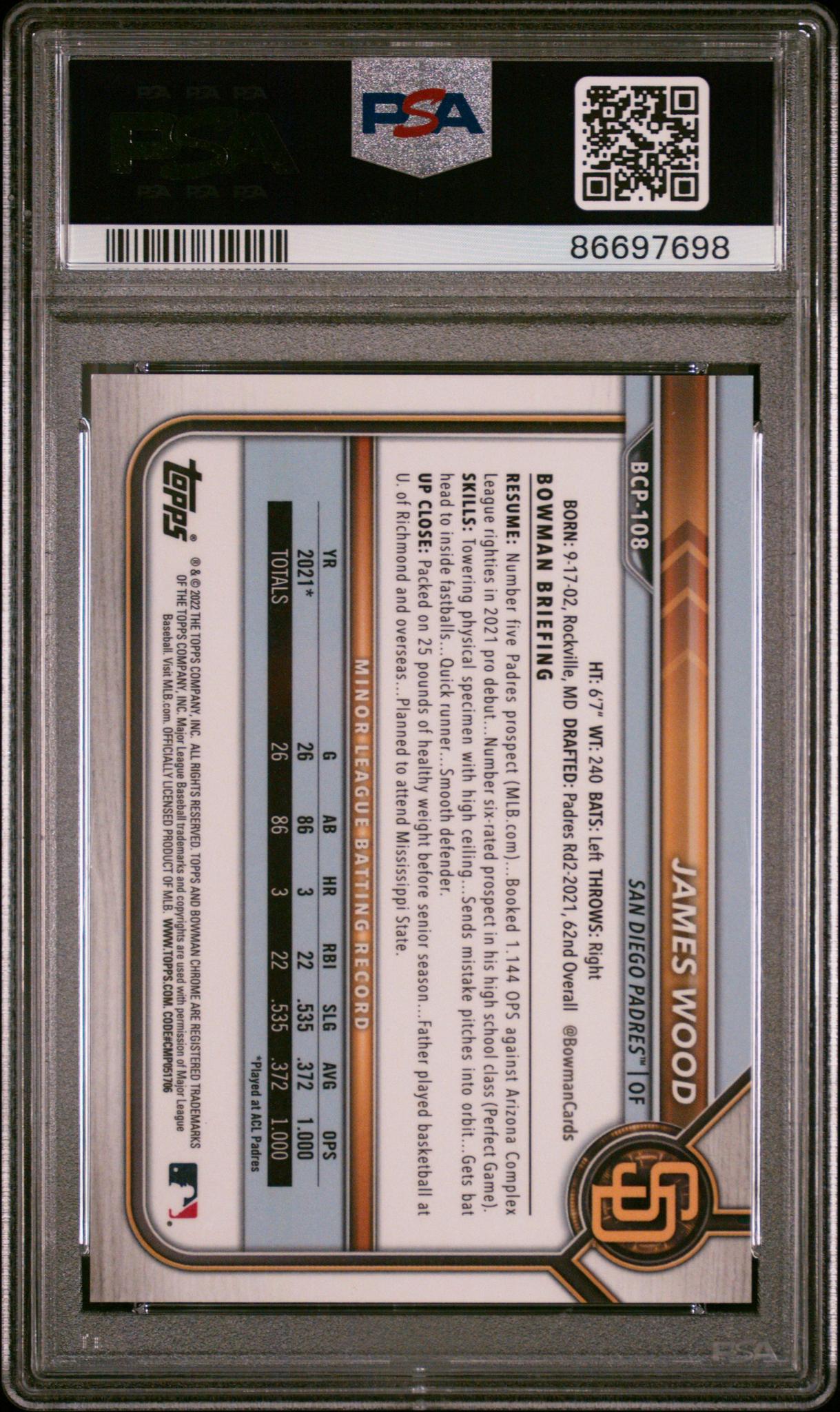 2022 Bowman Chrome Prospect Gold Refractor James Wood #BCP108 /50 PSA 10