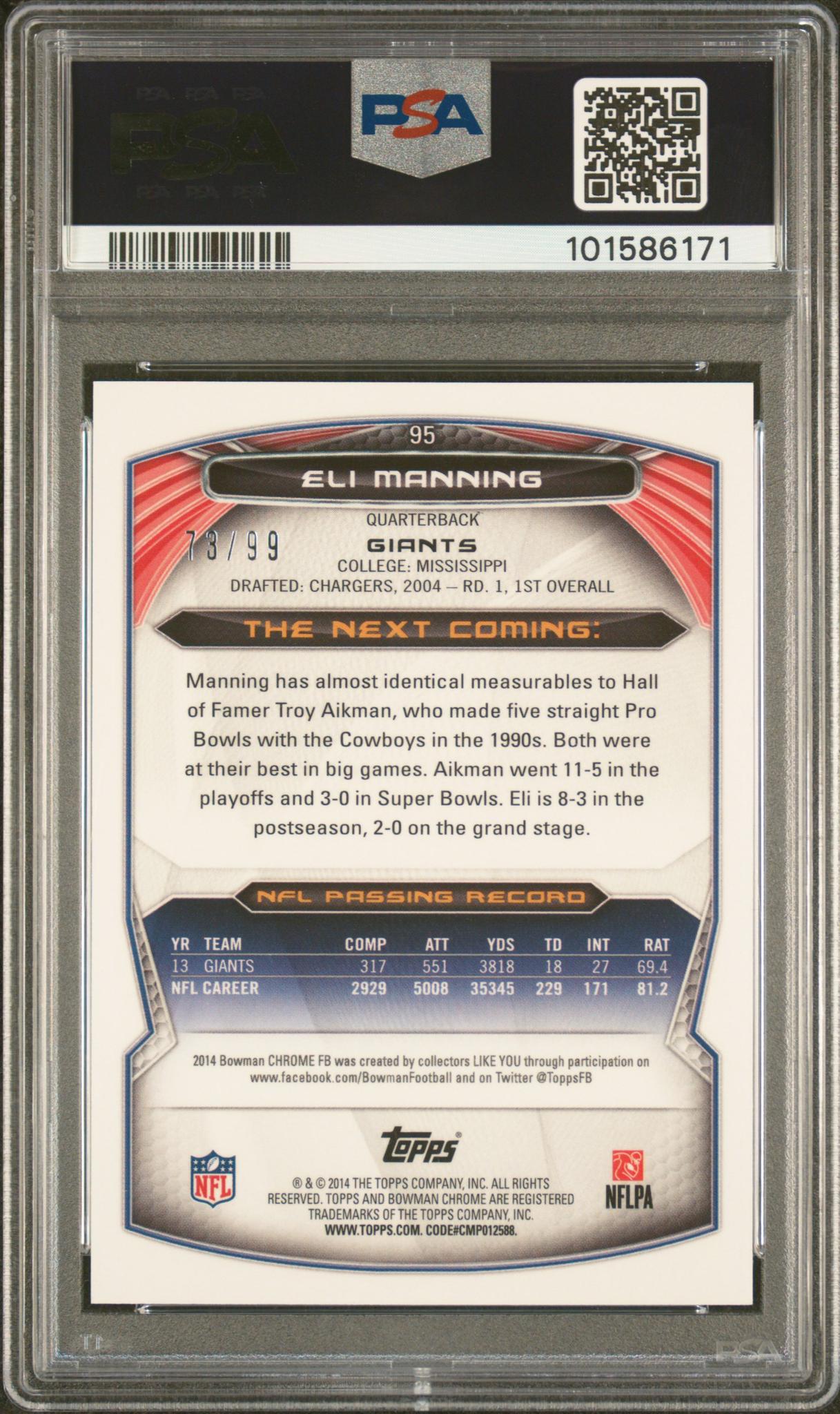 2014 Bowman Chrome Blue Refractor Eli Manning #95 /199 /99 PSA 10
