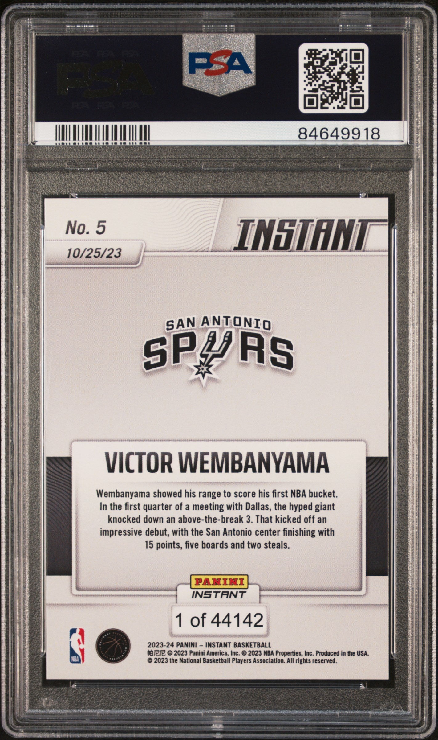 2023 Panini Instant Victor Wembanyama #5 /44142 /1 PSA 10