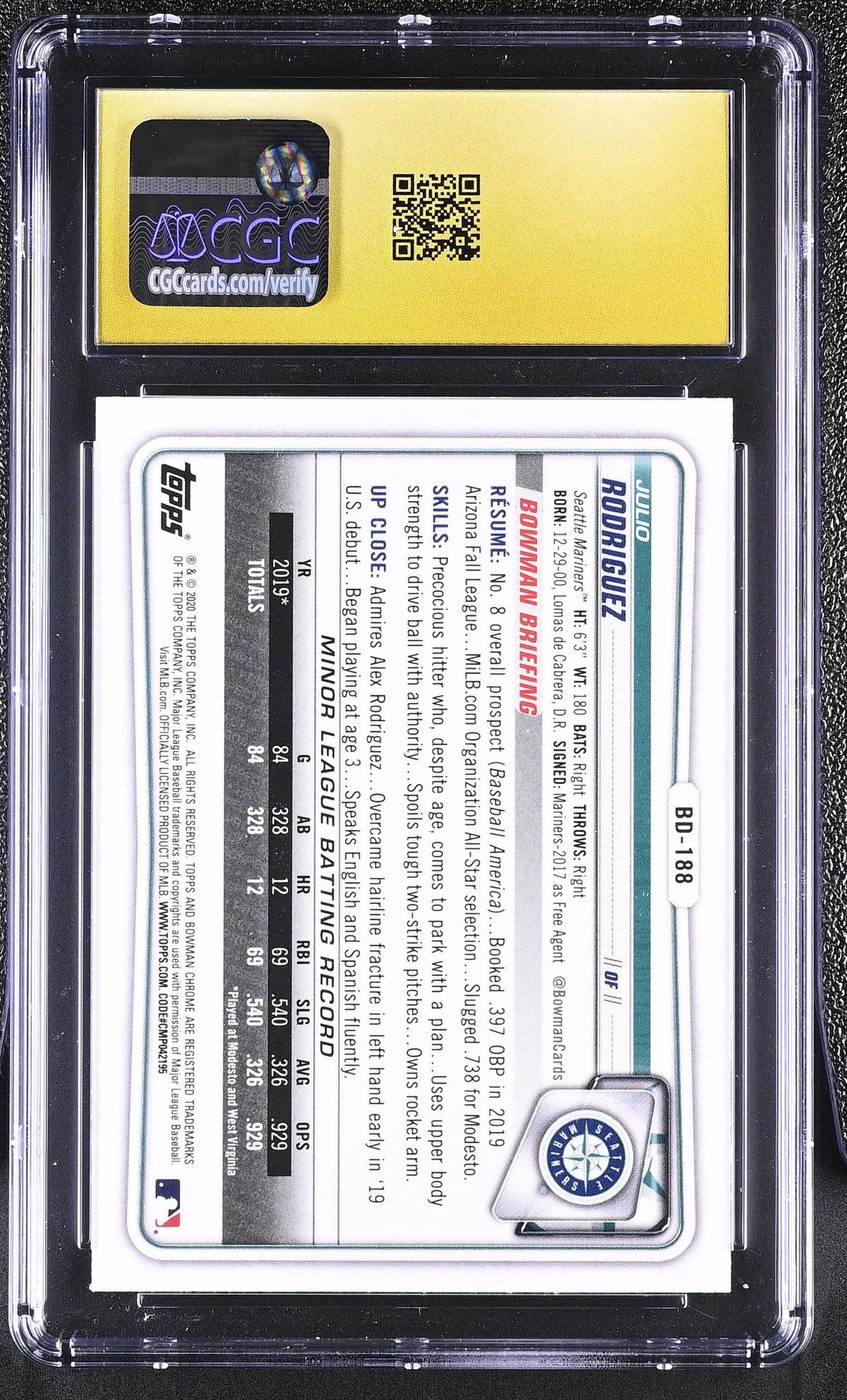 2020 Bowman Draft Chrome #BD-188 Julio Rodriguez CGC 10