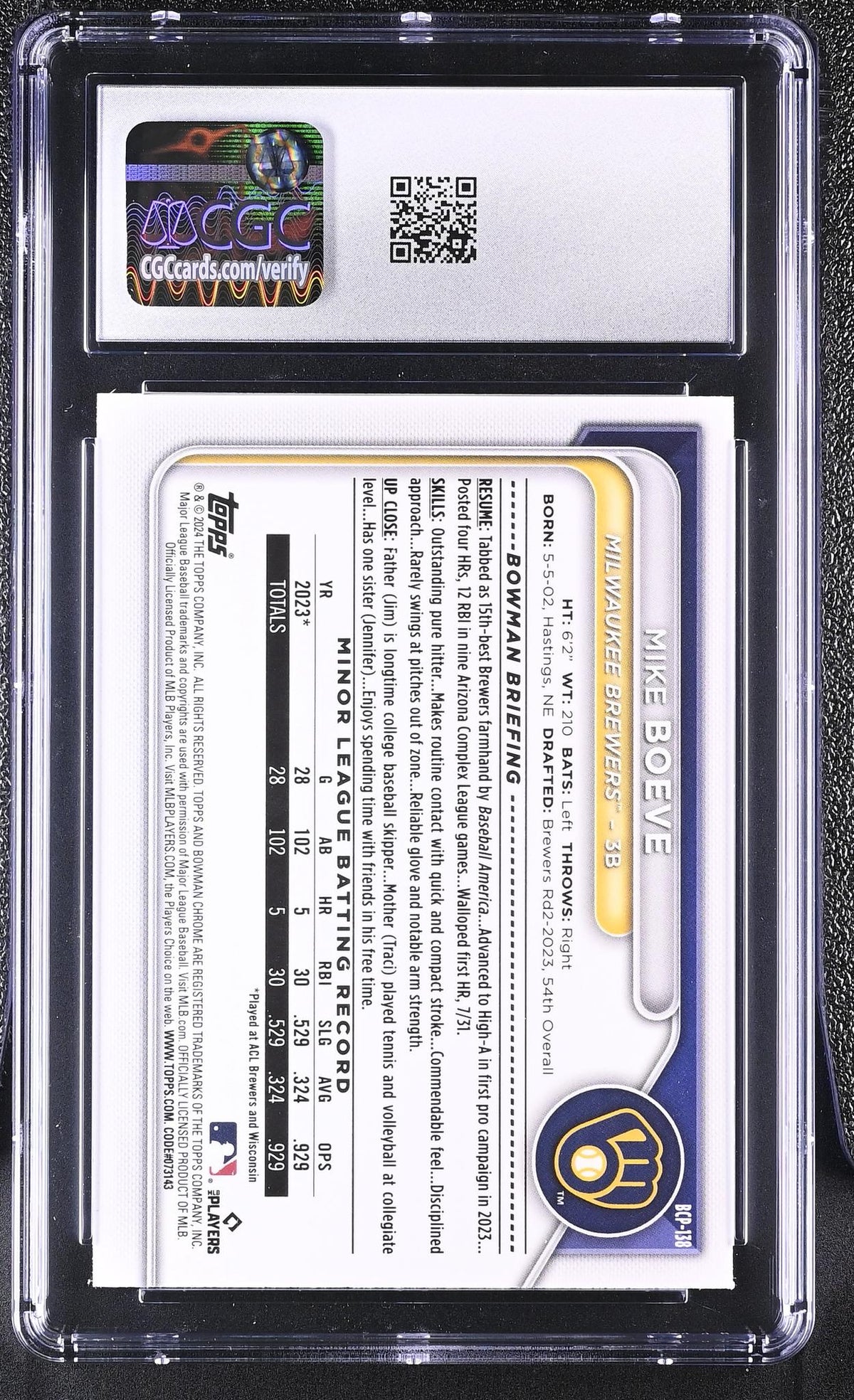 2024 Bowman #BCP-138 Mike Boeve Chrome Prospects CGC 9