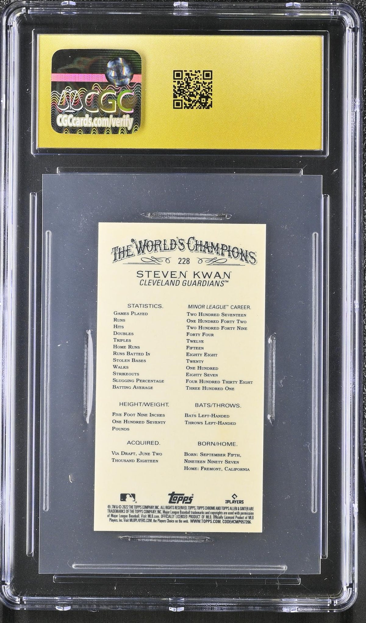 2022 Allen & Ginter Chrome #228 Steven Kwan The World's Champions CGC 10