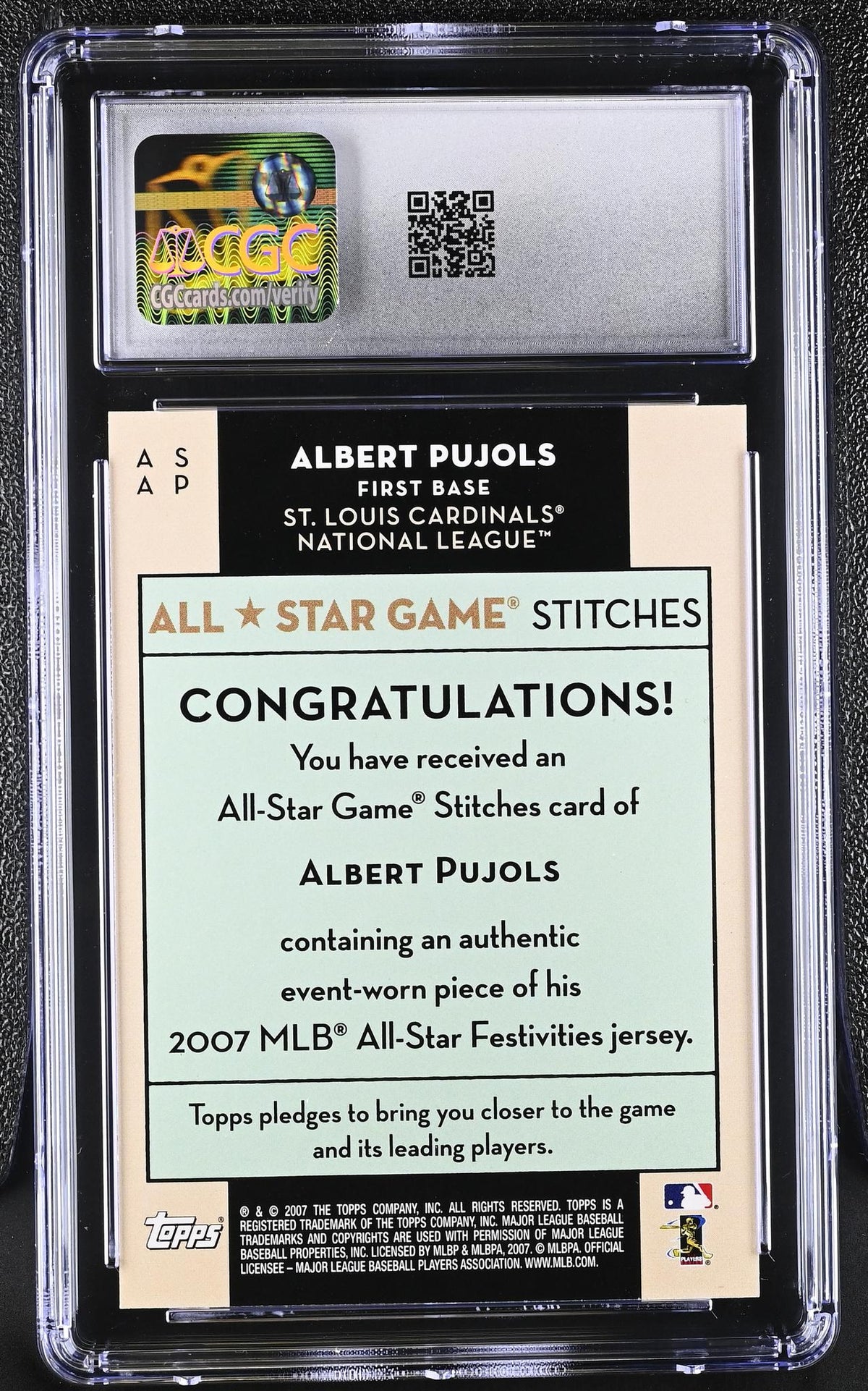 2007 Topps Update #ASAP Albert Pujols All-Star Stitches CGC 9