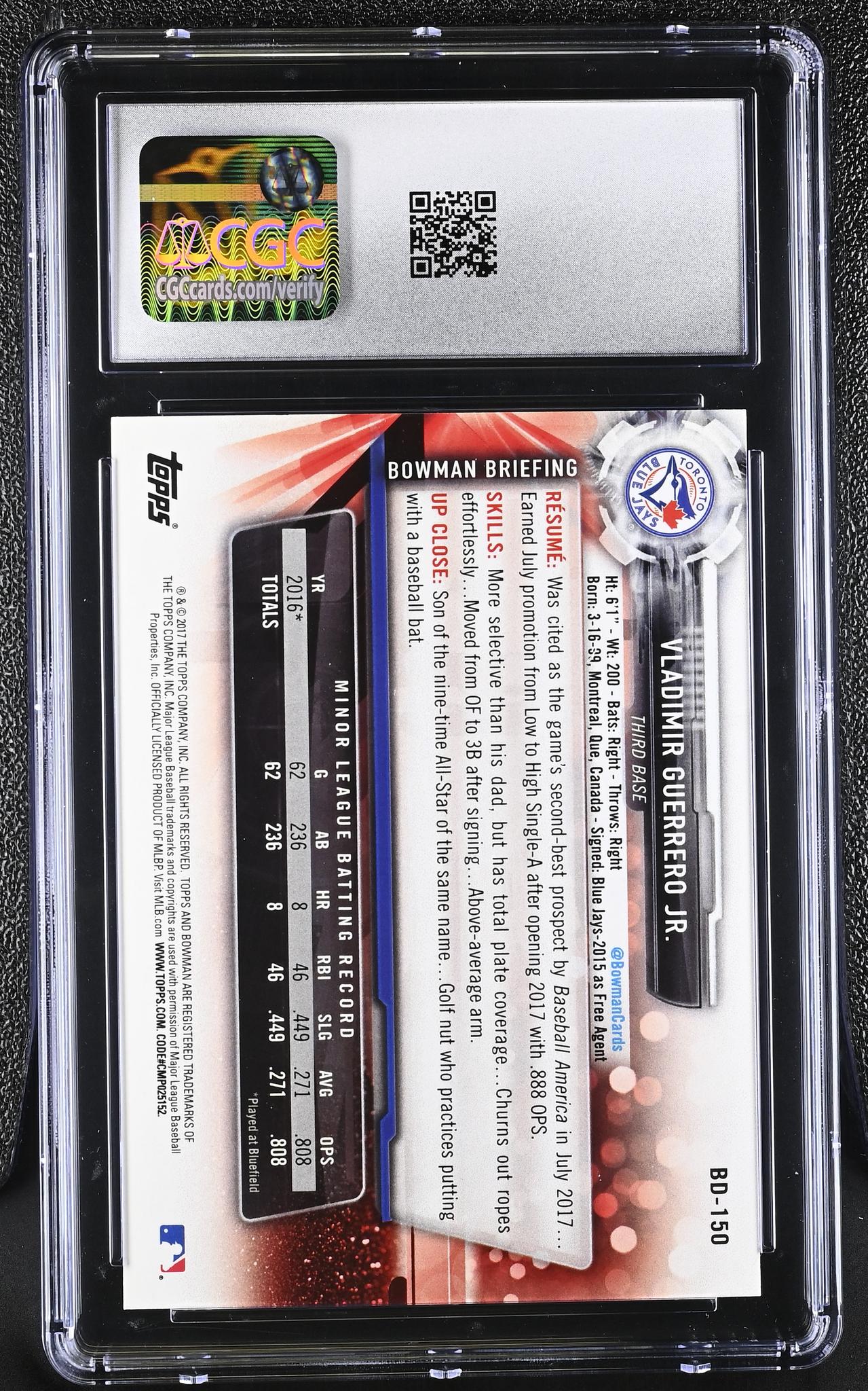 2017 Bowman #BD-150 Vladimir Guerrero Jr. Bowman Draft CGC 10