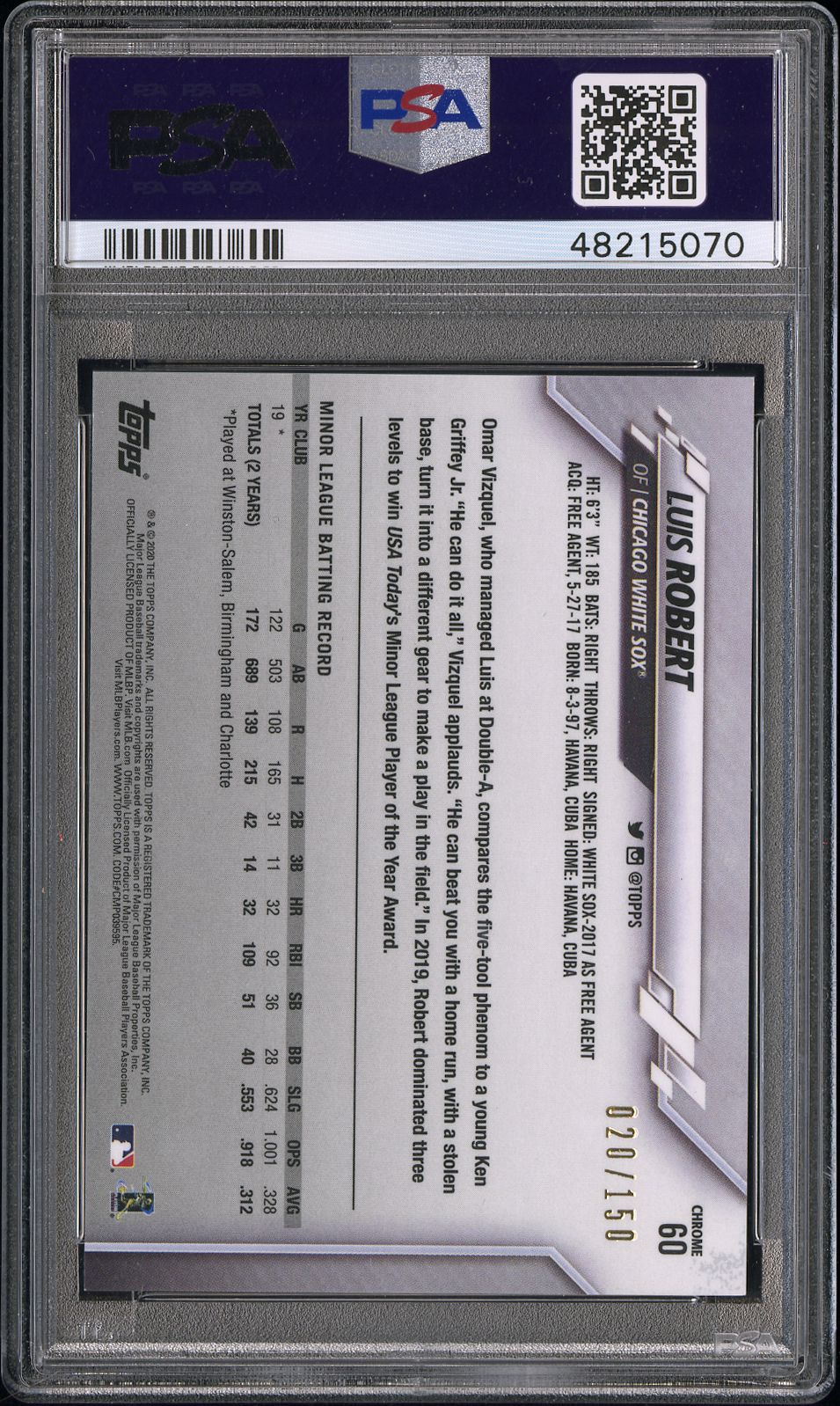 2020 Topps Chrome Blue Refractor Luis Robert #60 /150 PSA 9