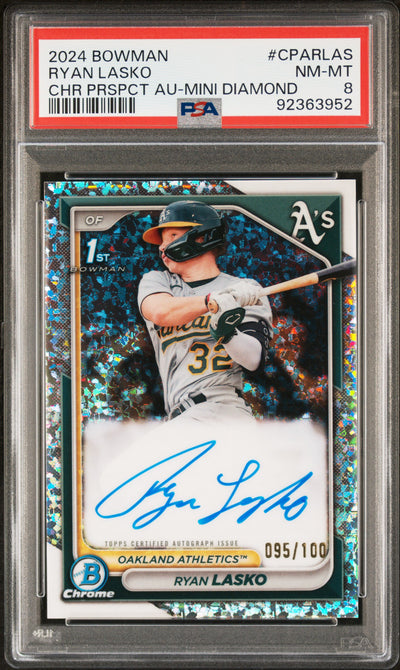 2024 Bowman Chrome Prospect Autographs Mini-Diamond Refractors Ryan Lasko #CPARLAS /100 PSA 8