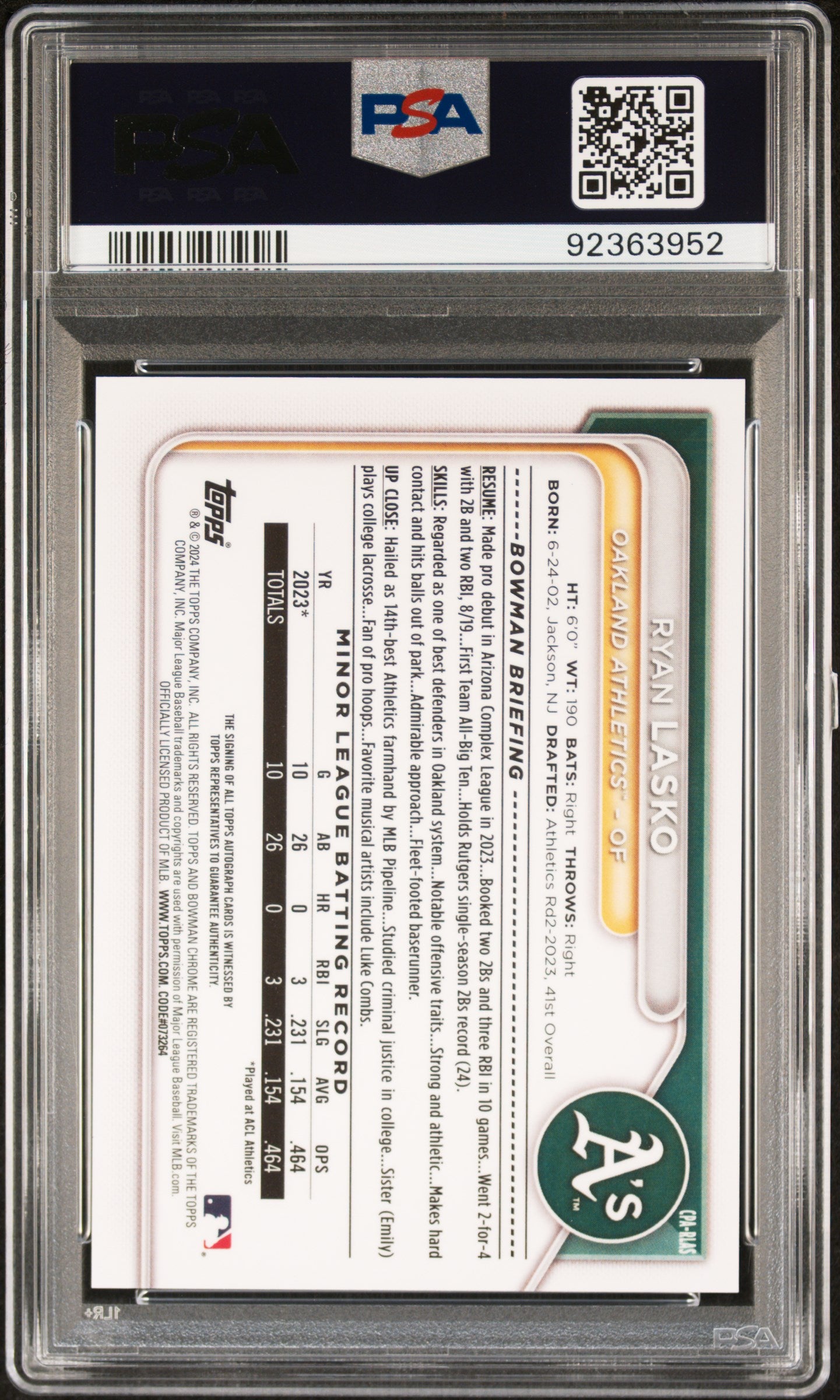 2024 Bowman Chrome Prospect Autographs Chr Prspct Au-Mini Diamond Ryan Lasko #CPARLAS /100 PSA 8