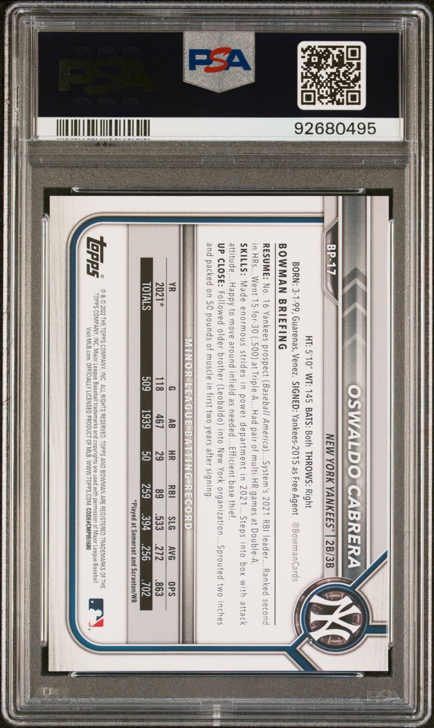 2022 Bowman Paper Prospect Oswaldo Cabrera #BP17 PSA 10