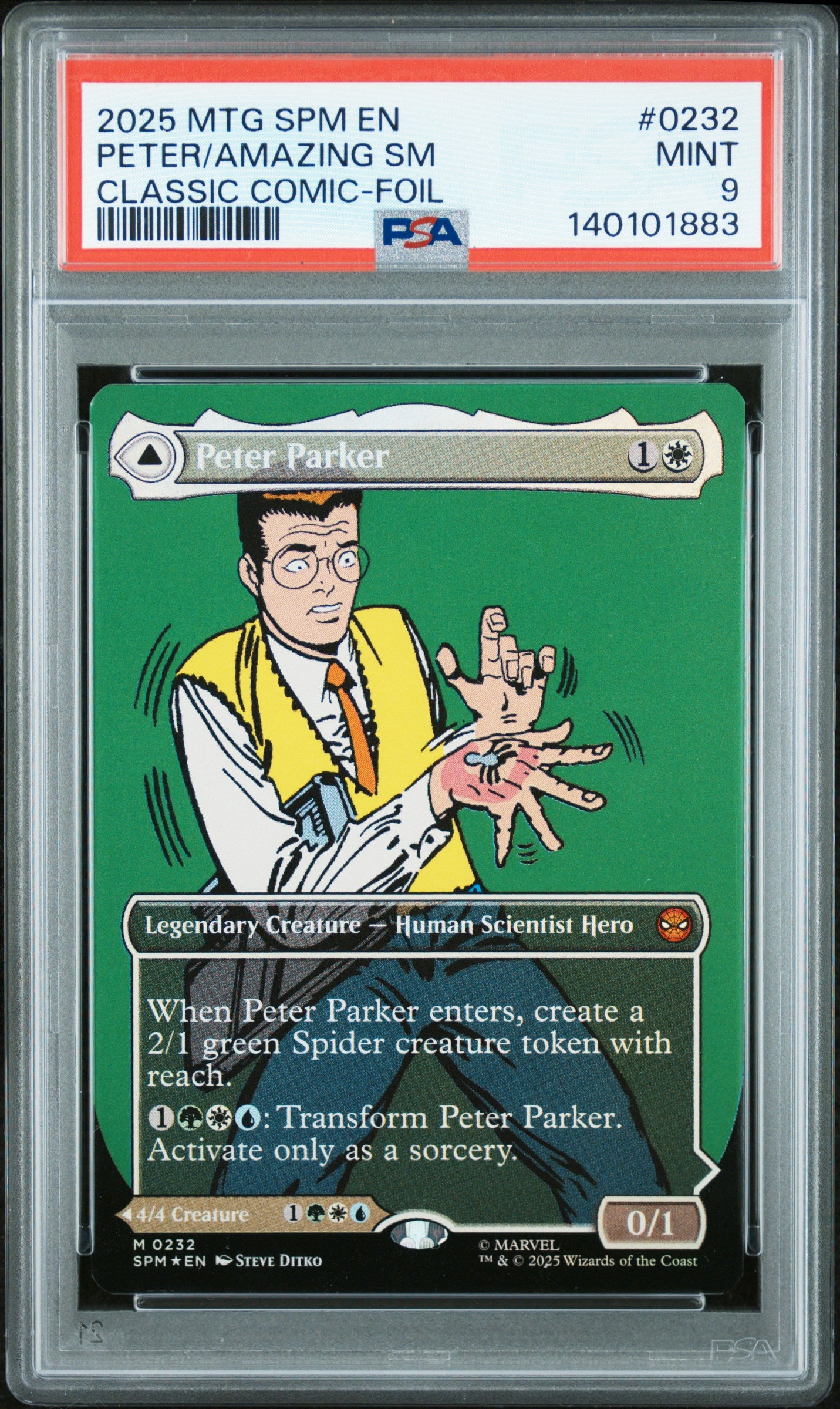 2025 Magic the Gathering Marvel's Spider-Man Classic Comic Borderless-Foil Amazing Spider-Man/Peter Parker #0232 PSA 9