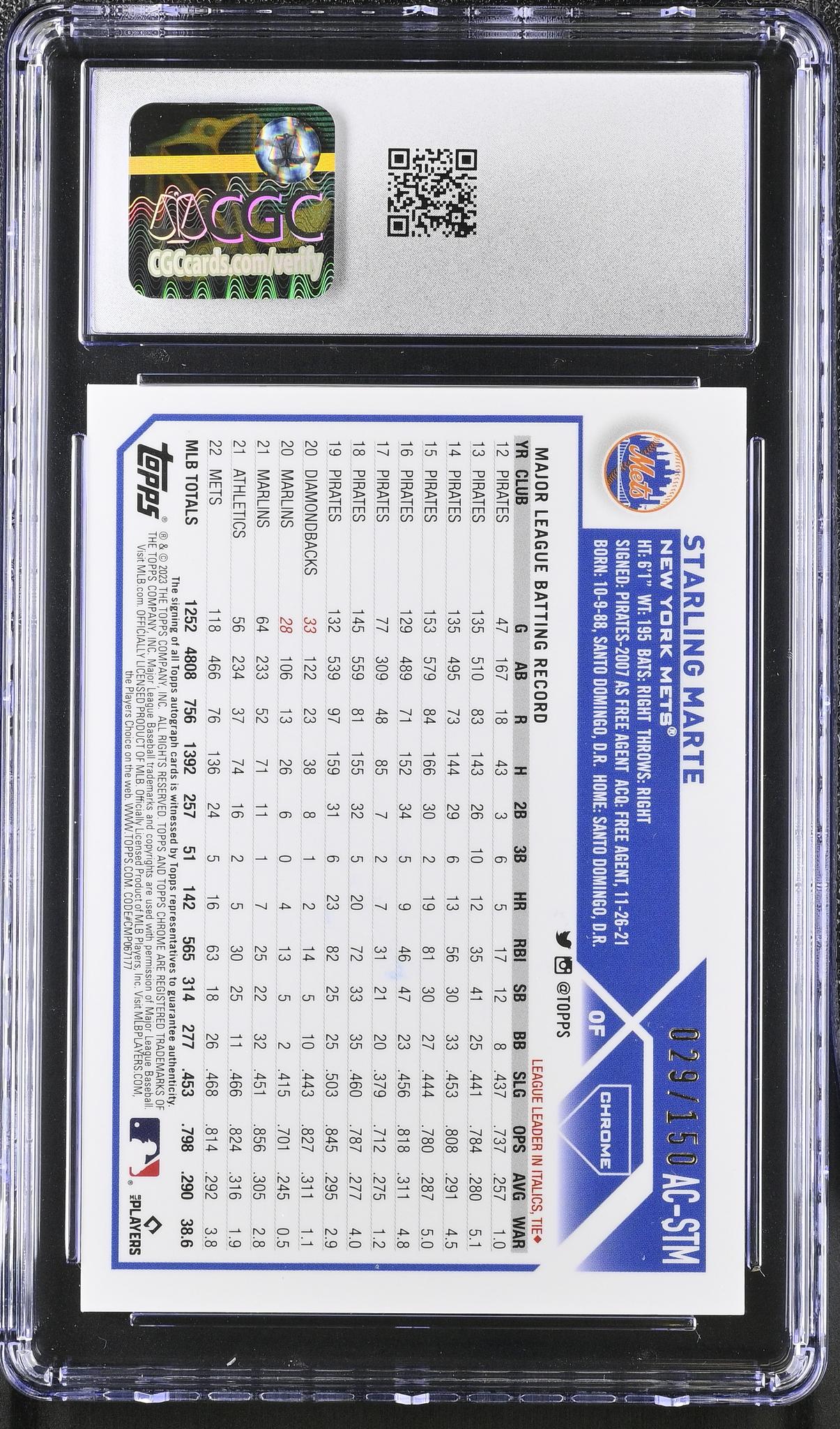 2023 Topps Chrome #AC-STM Starling Marte Update Autographs /150 Auto CGC 10