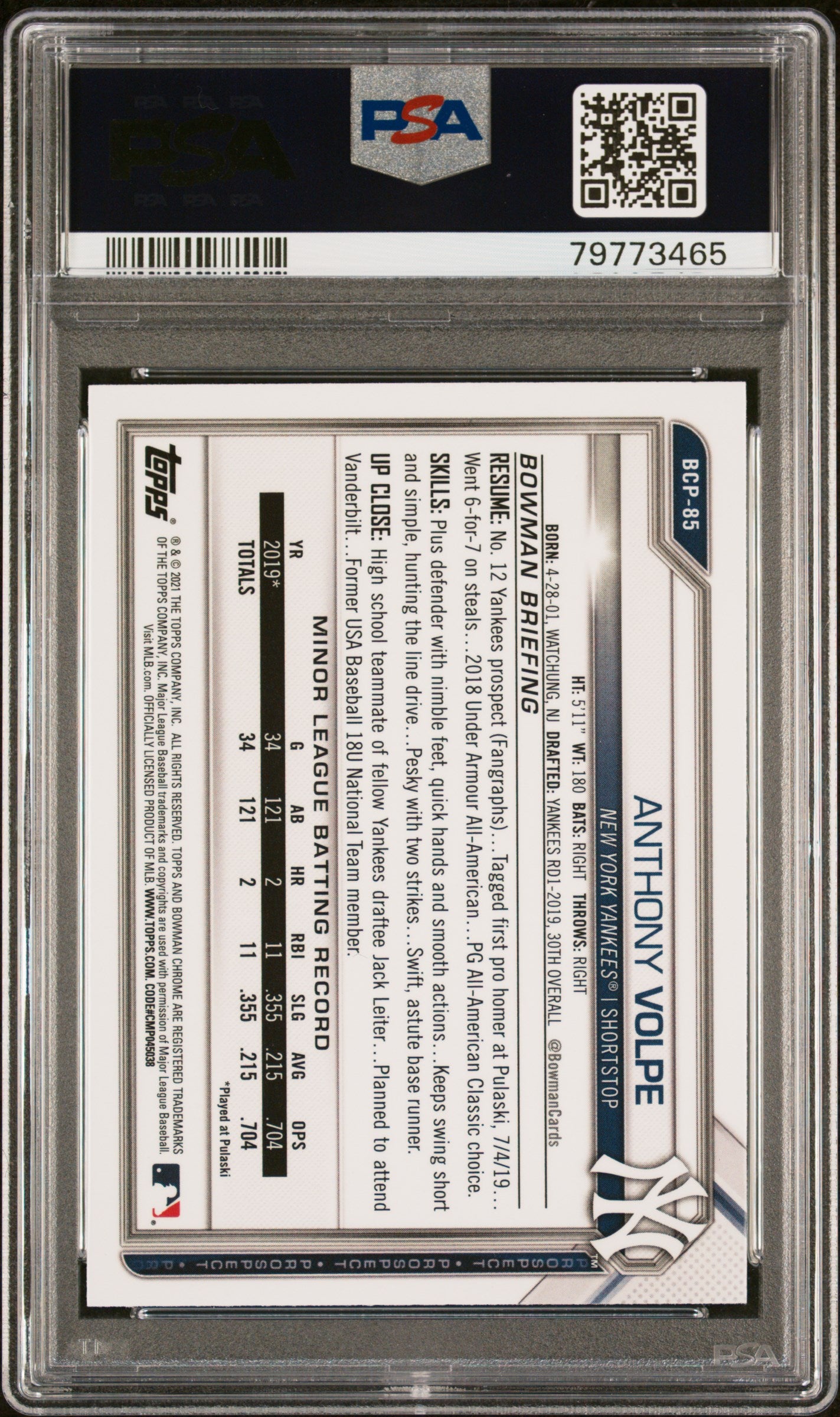 2021 Bowman Sapphire Chrome Prospect Anthony Volpe #BCP85 PSA 9