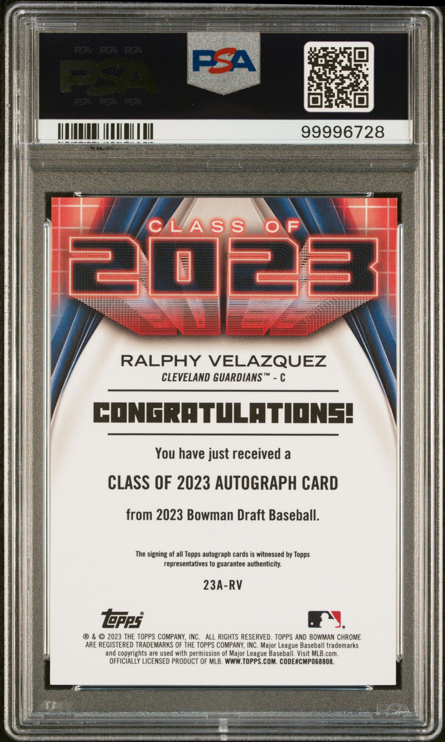 2023 Bowman Draft Chrome Class of 2023 Autograph Ralphy Velazquez #23ARV PSA 9