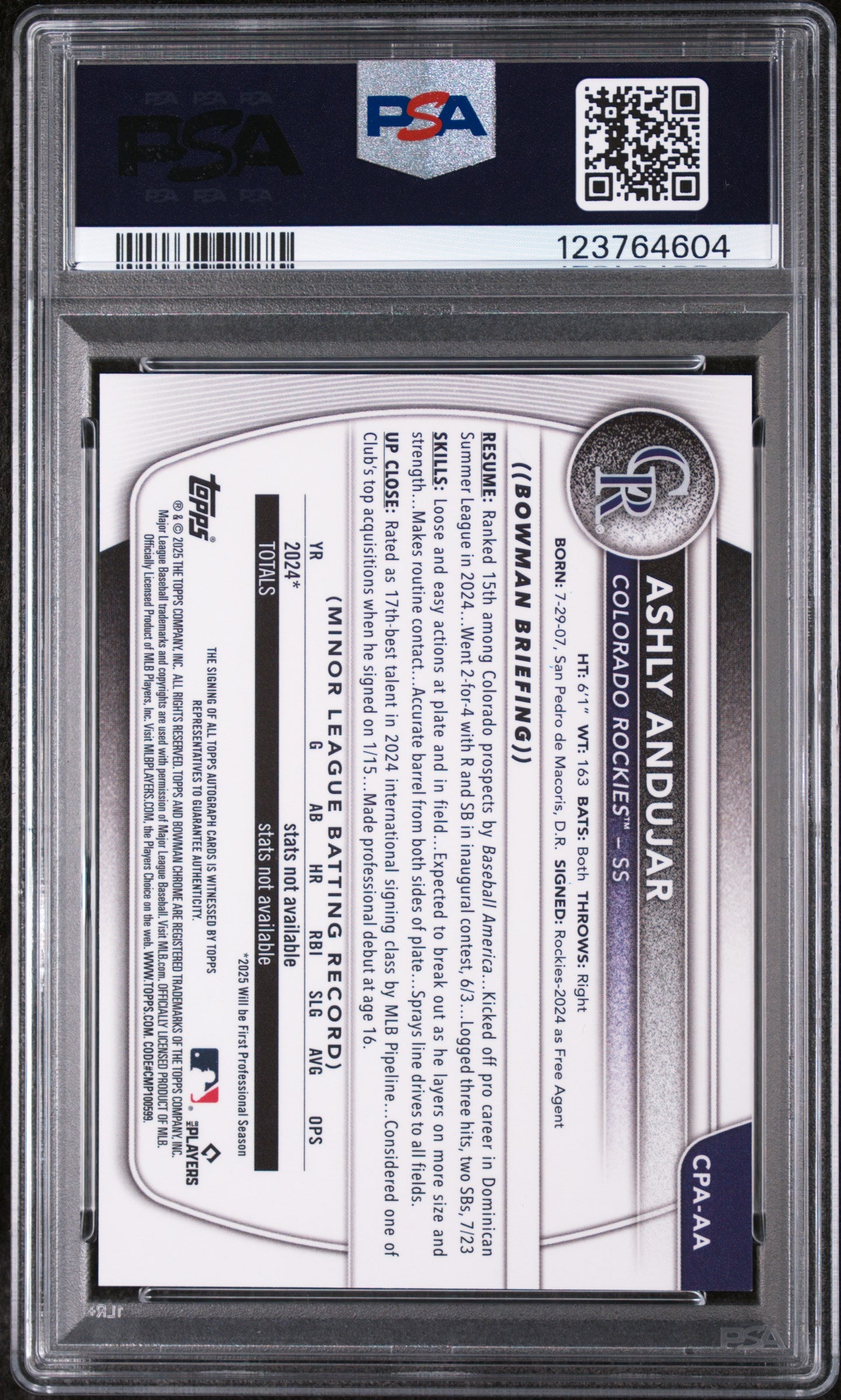 2025 Bowman Chrome Prospect Autograph Ashly Andujar #CPA-AA PSA 9