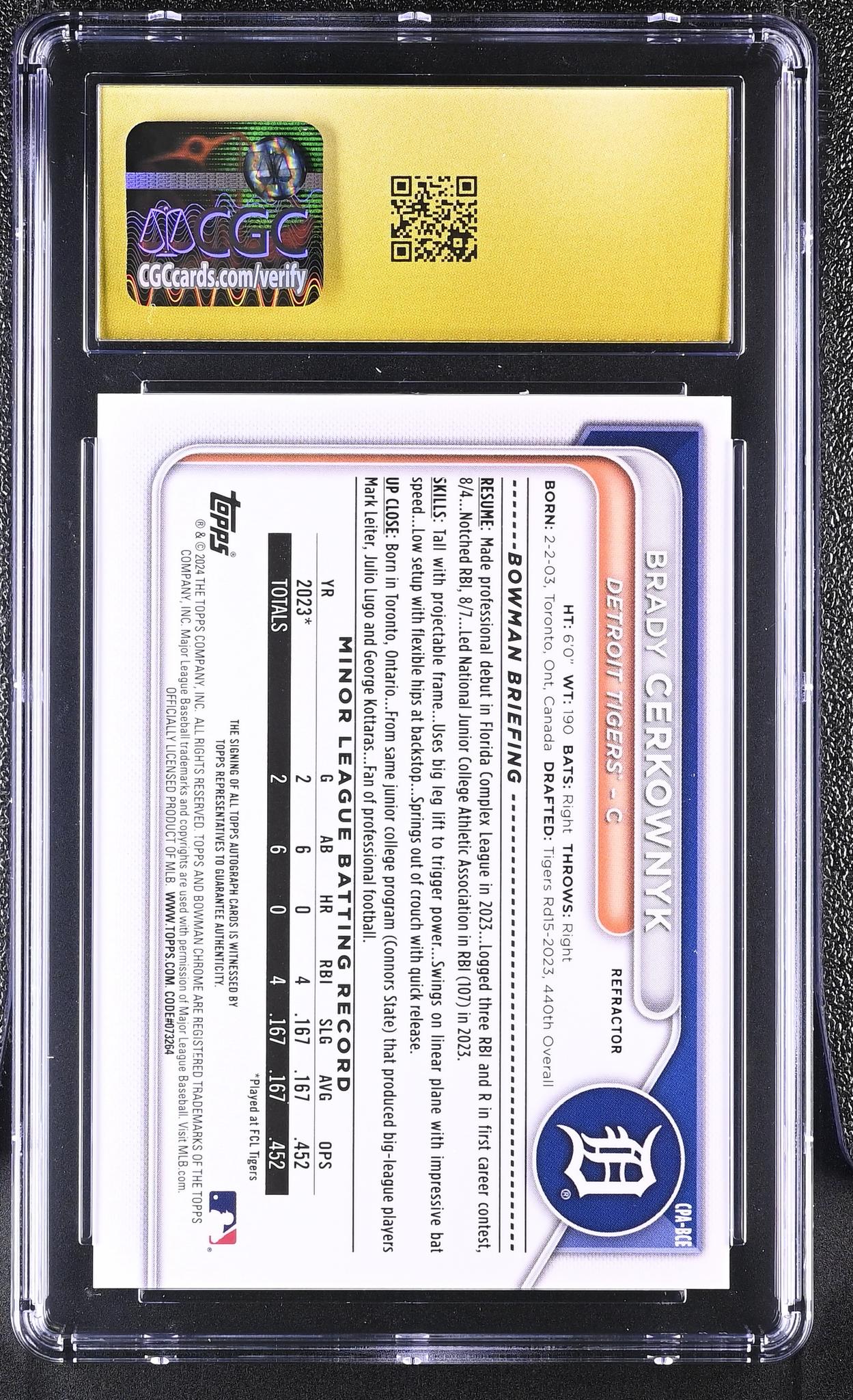 2024 Bowman Chrome #CPA-BCE Brady Cerkownyk Prospect Autographs /499 Auto CGC 10